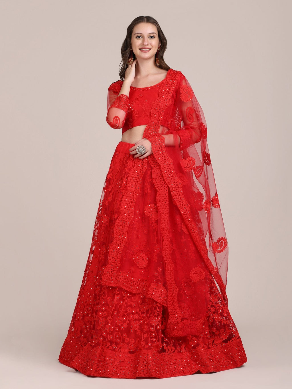 Jyoti Fashion Women's Red Net Thread Embroidered Lehenga Choli with Dupatta