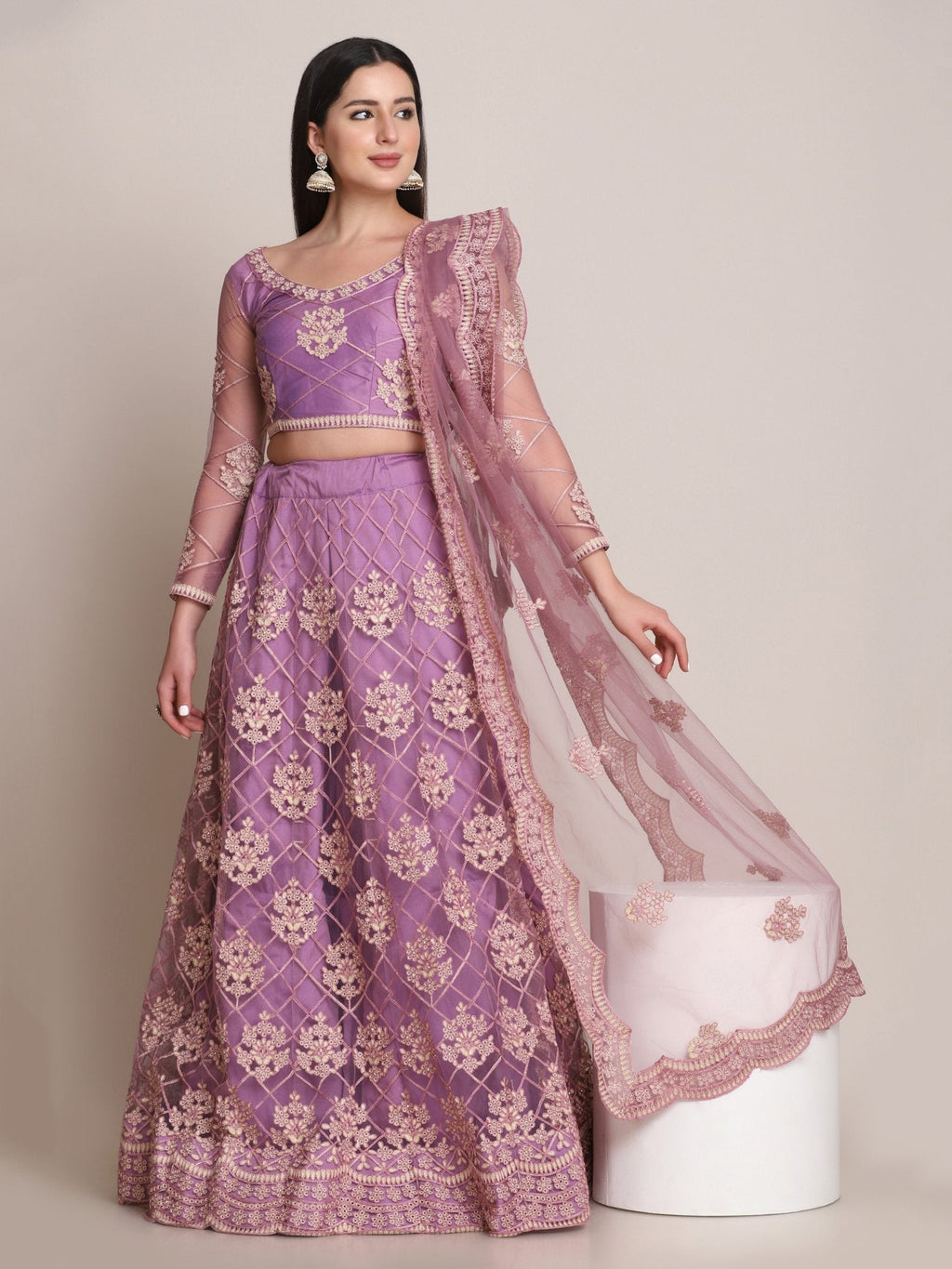 Jyoti Fashion Women's Purple Net Thread Embroidered Lehenga Choli with Dupatta