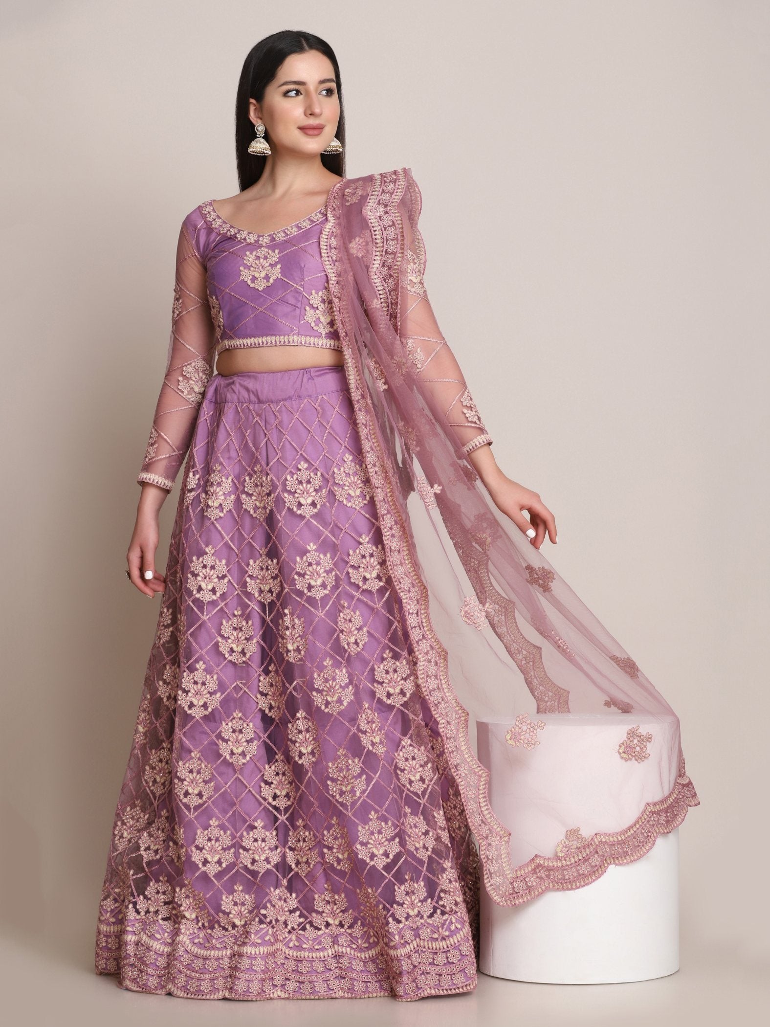 Jyoti Fashion Women's Purple Net Thread Embroidered Lehenga Choli with Dupatta