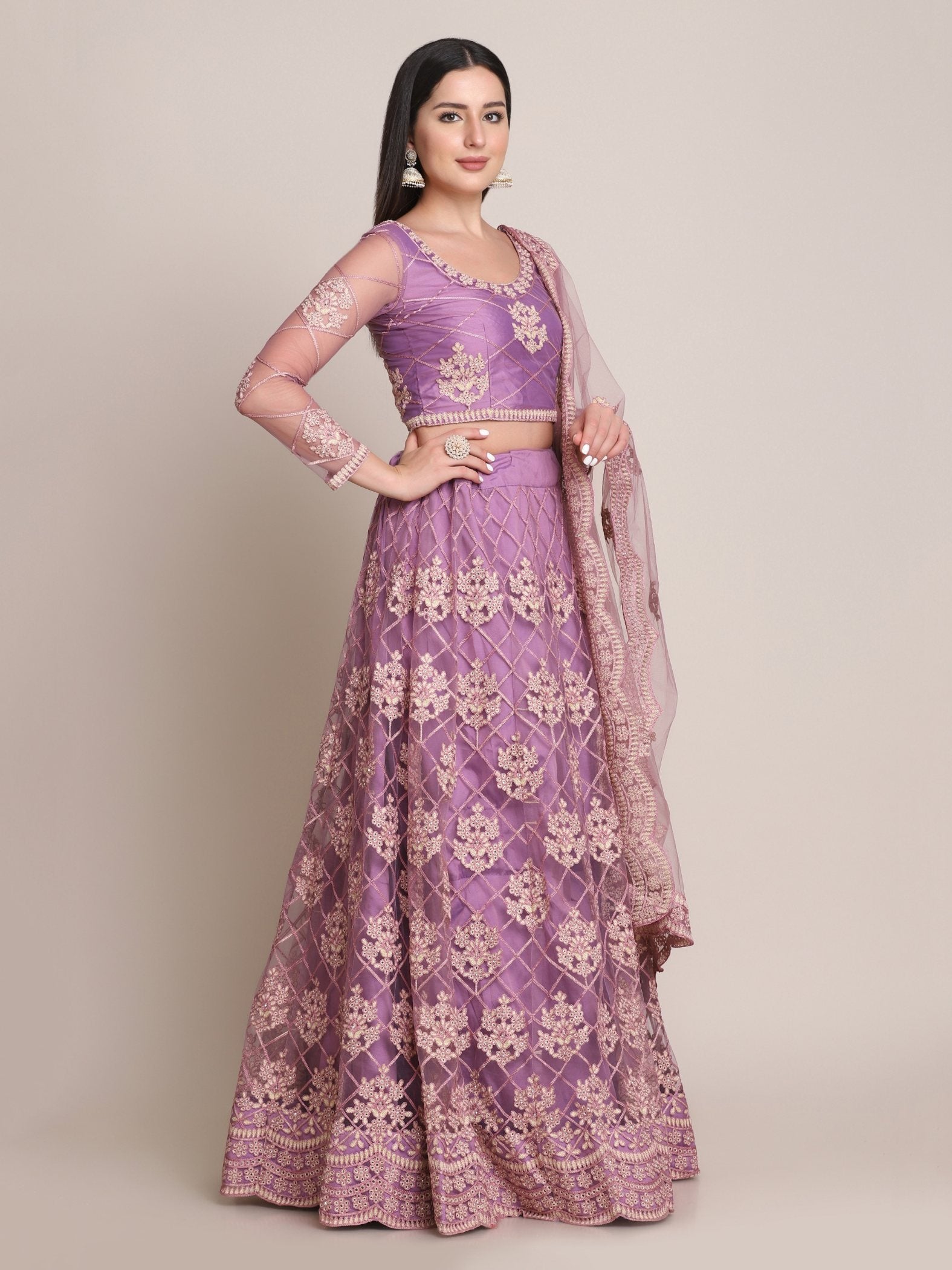 Jyoti Fashion Women's Purple Net Thread Embroidered Lehenga Choli with Dupatta