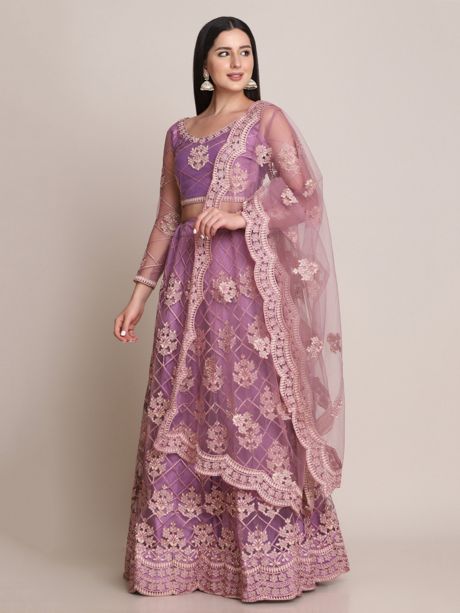 Jyoti Fashion Women's Purple Net Thread Embroidered Lehenga Choli with Dupatta