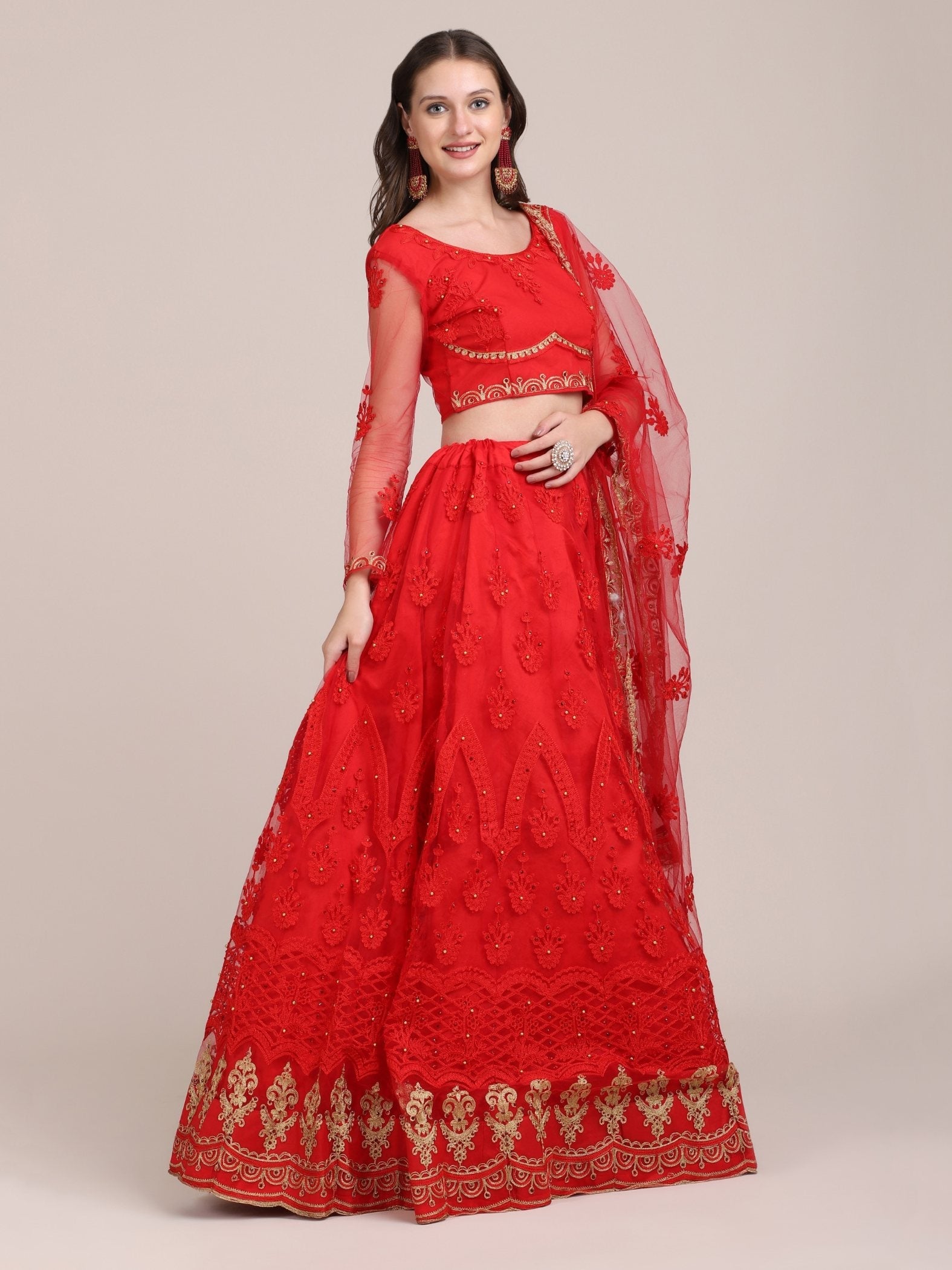 Jyoti Fashion Women's Red Net Thread Embroidered Lehenga Choli with Dupatta