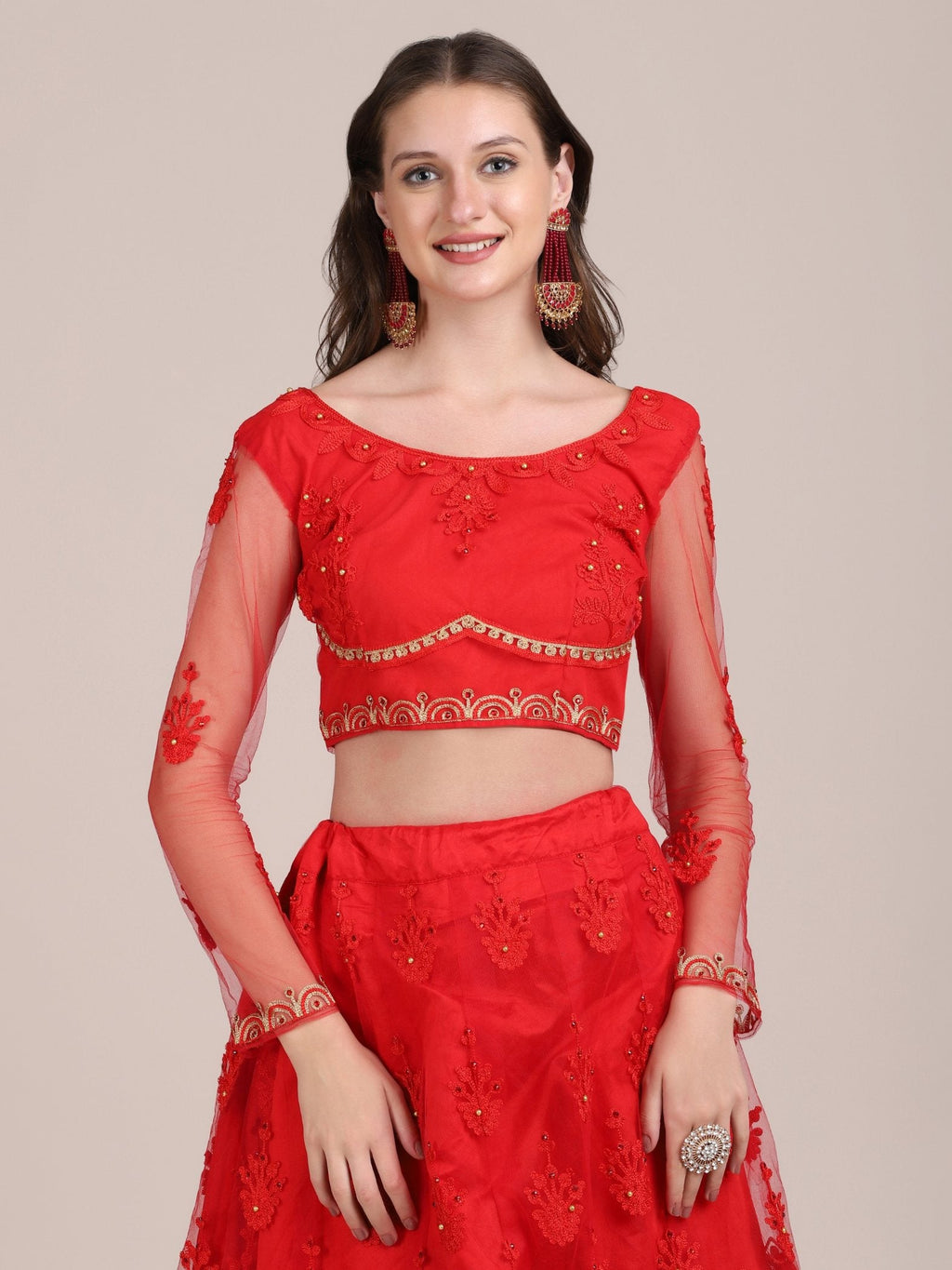 Jyoti Fashion Women's Red Net Thread Embroidered Lehenga Choli with Dupatta