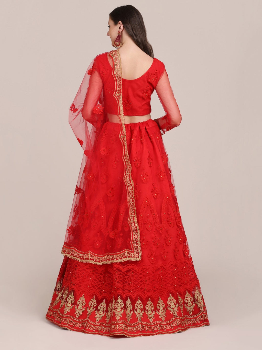 Jyoti Fashion Women's Red Net Thread Embroidered Lehenga Choli with Dupatta