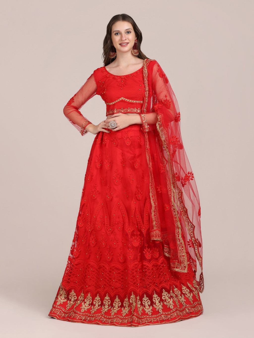 Jyoti Fashion Women's Red Net Thread Embroidered Lehenga Choli with Dupatta