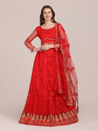 Jyoti Fashion Women's Red Net Thread Embroidered Lehenga Choli with Dupatta