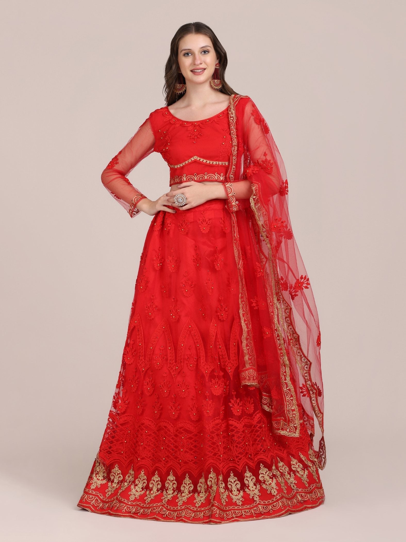 Jyoti Fashion Women's Red Net Thread Embroidered Lehenga Choli with Dupatta