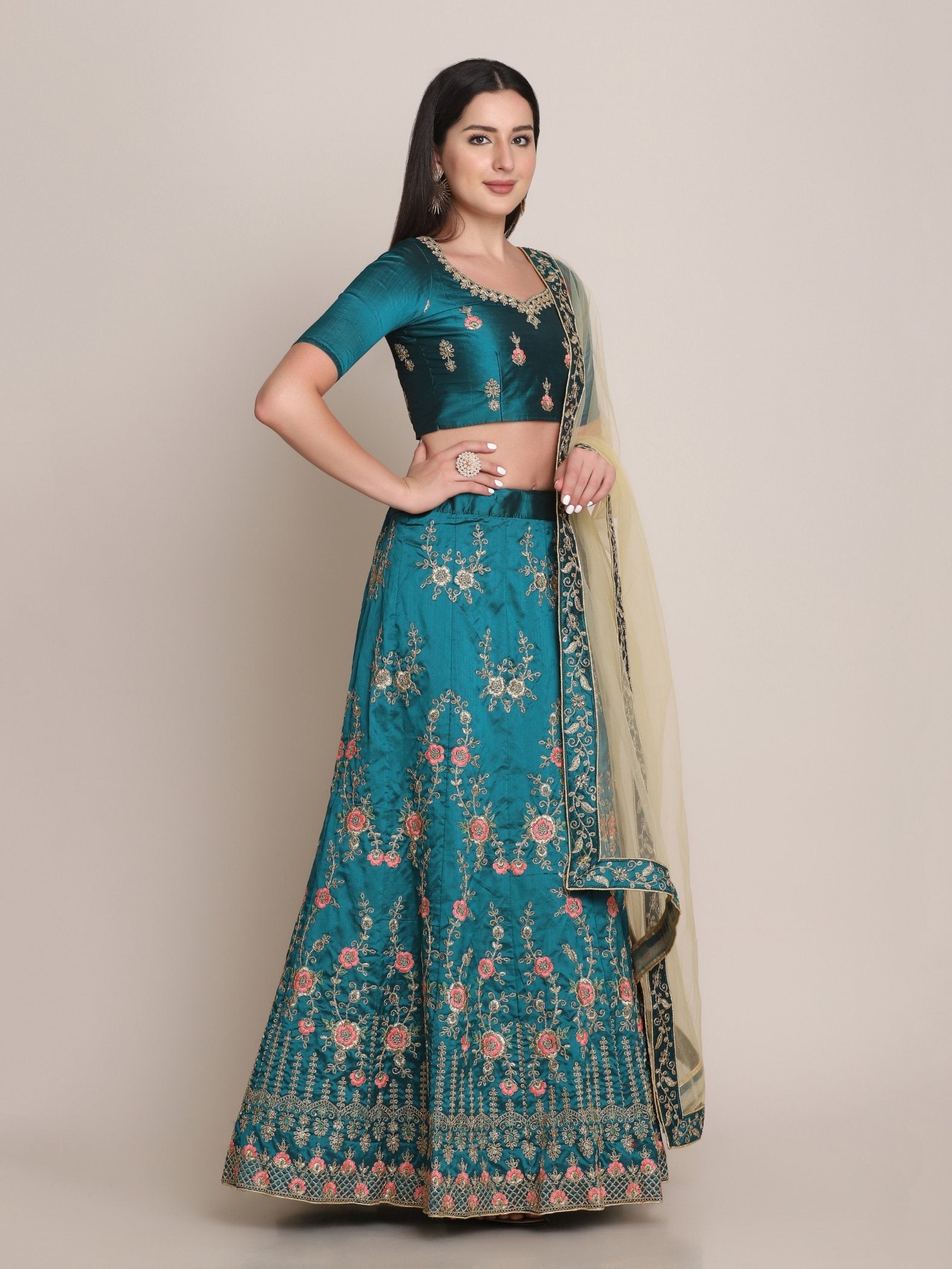 Jyoti Fashion Women's Teal Taffeta Silk Thread Embroidered Lehenga Choli with Dupatta
