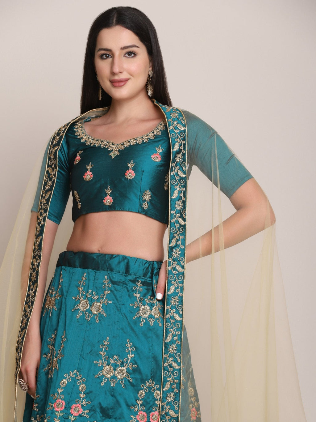 Jyoti Fashion Women's Teal Taffeta Silk Thread Embroidered Lehenga Choli with Dupatta