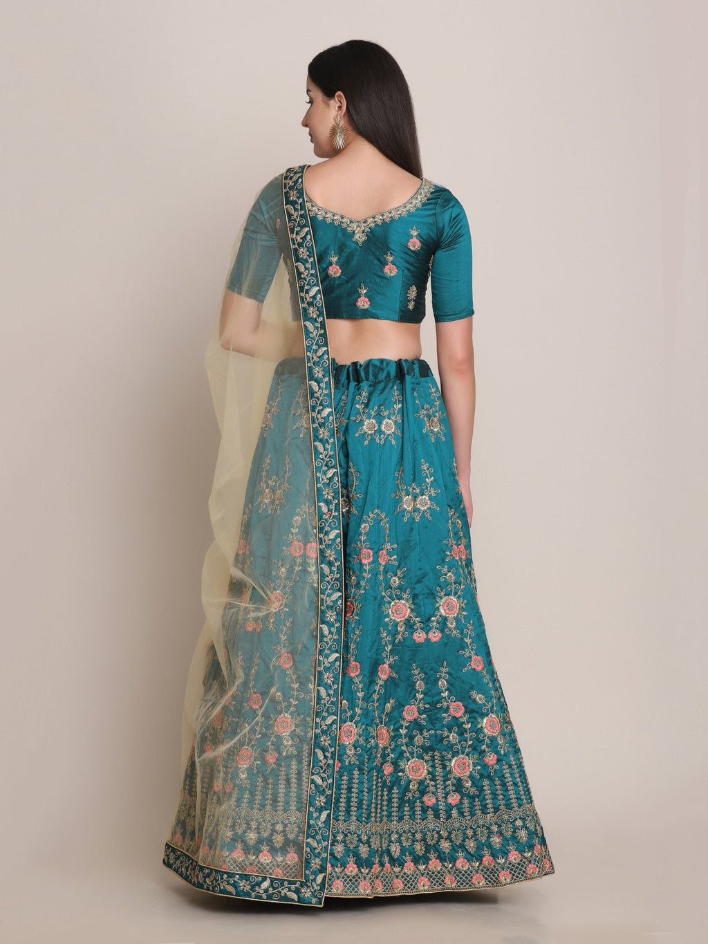 Jyoti Fashion Women's Teal Taffeta Silk Thread Embroidered Lehenga Choli with Dupatta