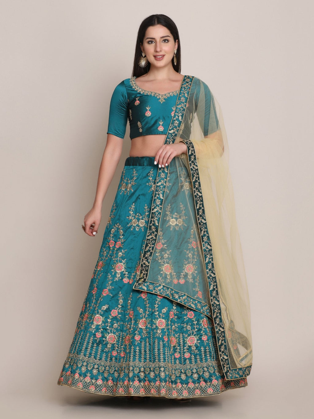 Jyoti Fashion Women's Teal Taffeta Silk Thread Embroidered Lehenga Choli with Dupatta