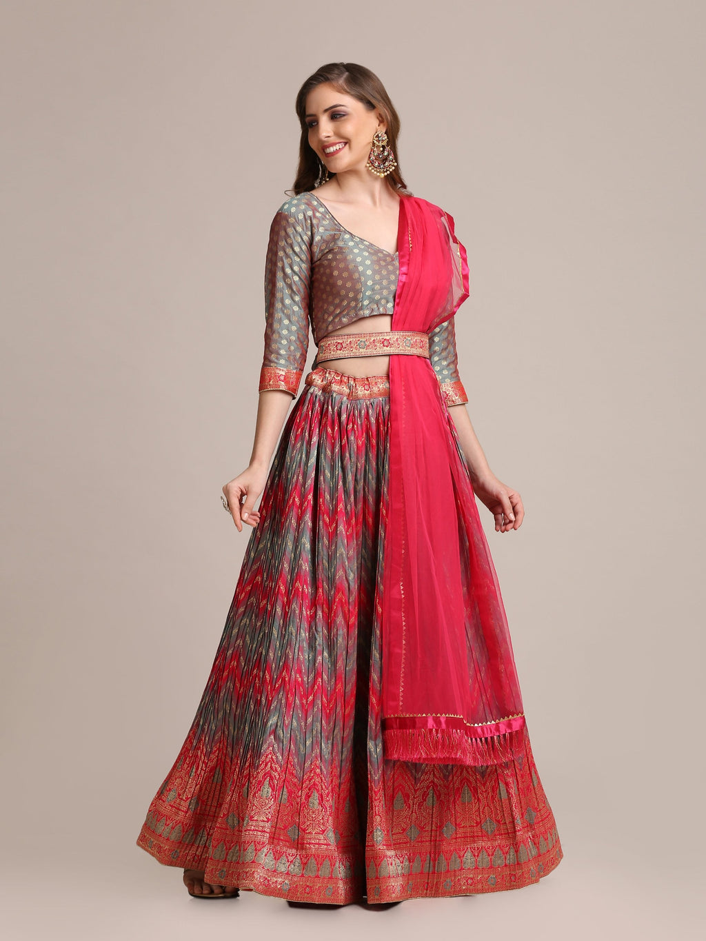 Jyoti Fashion Women's Grey Jacquard Silk Gold Woven & Platted Work Lehenga Choli with Dupatta