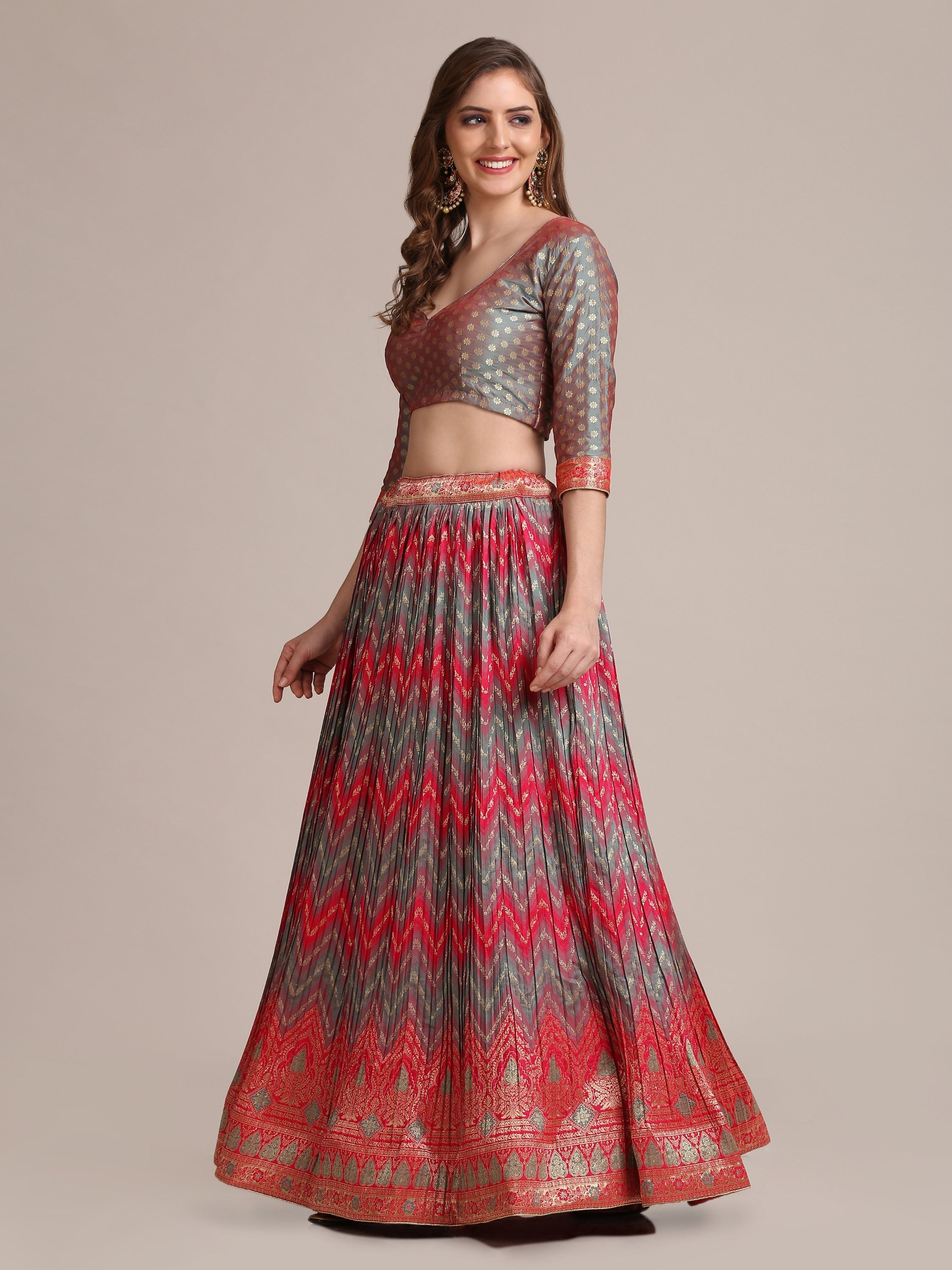 Jyoti Fashion Women's Grey Jacquard Silk Gold Woven & Platted Work Lehenga Choli with Dupatta