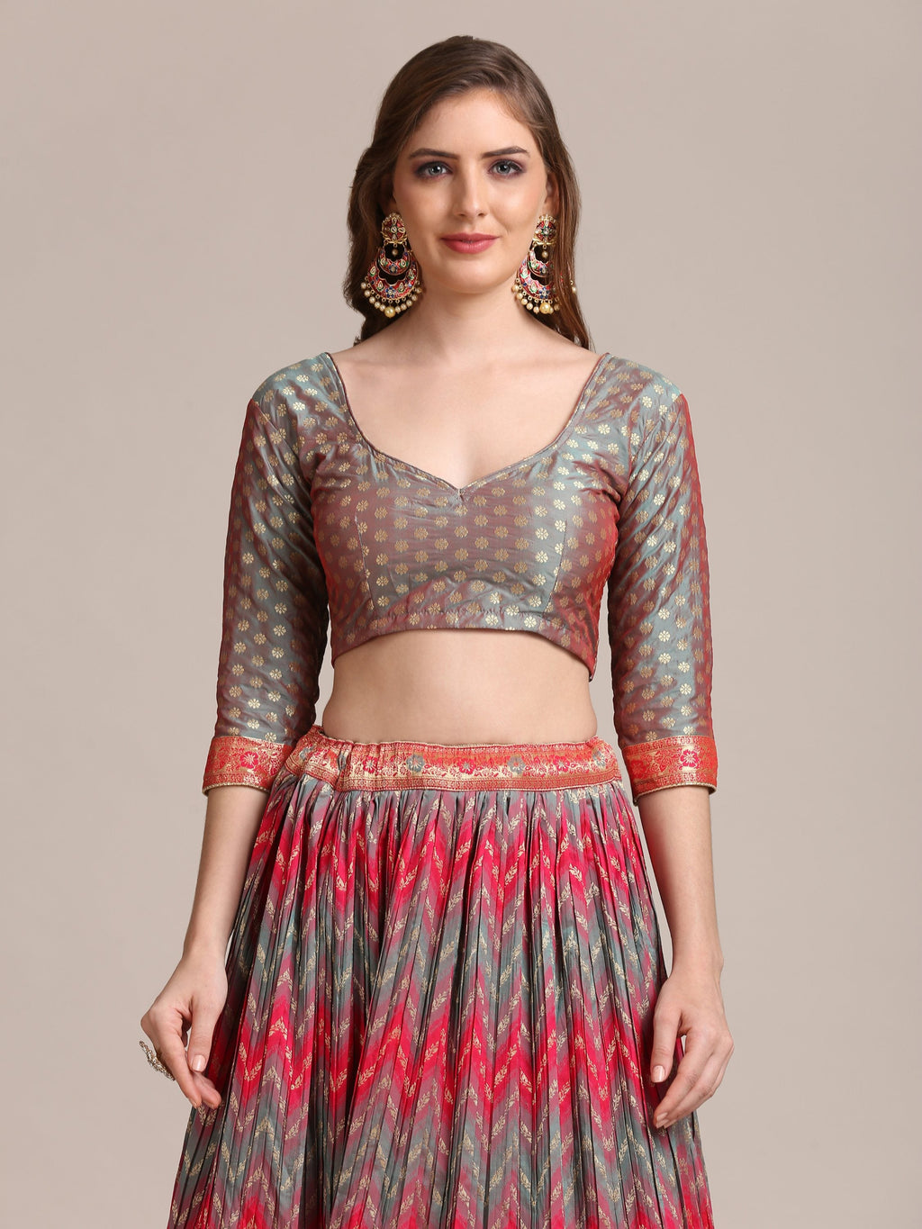 Jyoti Fashion Women's Grey Jacquard Silk Gold Woven & Platted Work Lehenga Choli with Dupatta