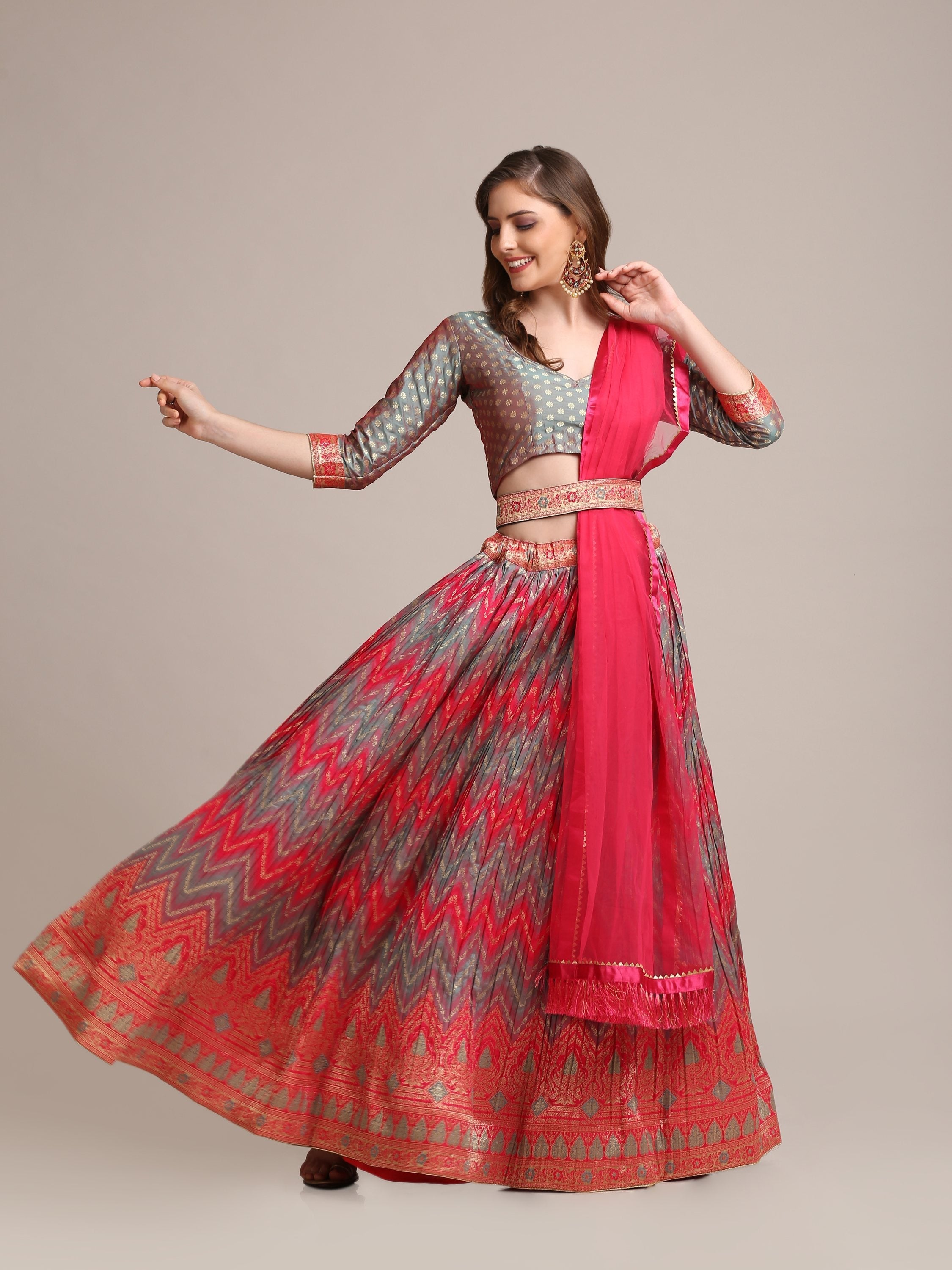 Jyoti Fashion Women's Grey Jacquard Silk Gold Woven & Platted Work Lehenga Choli with Dupatta