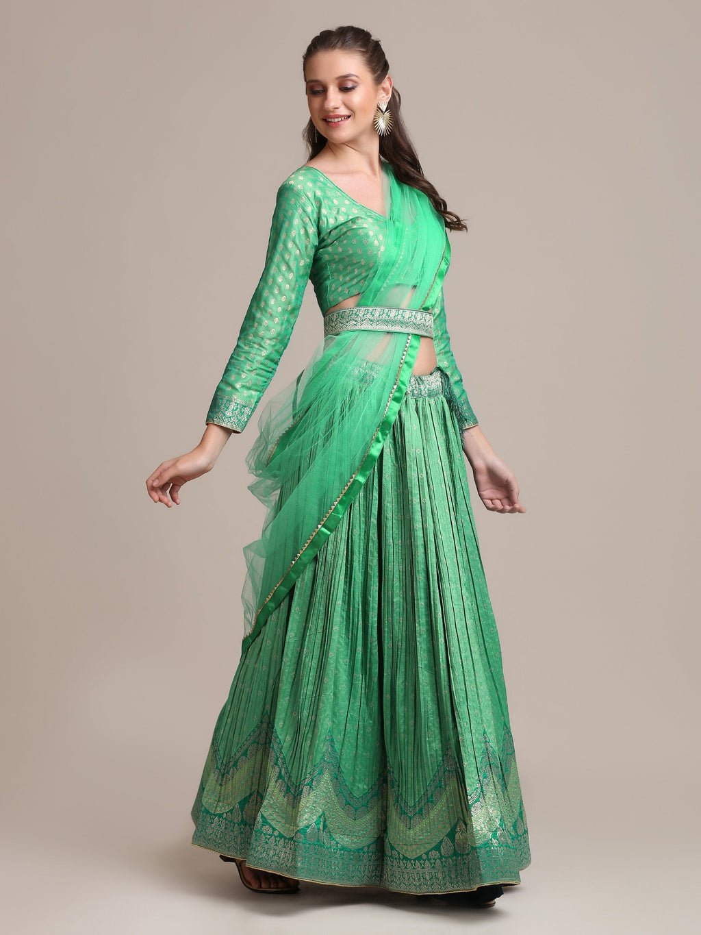Jyoti Fashion Women's Sea Green Jacquard Silk Gold Woven & Platted Work Lehenga Choli with Dupatta