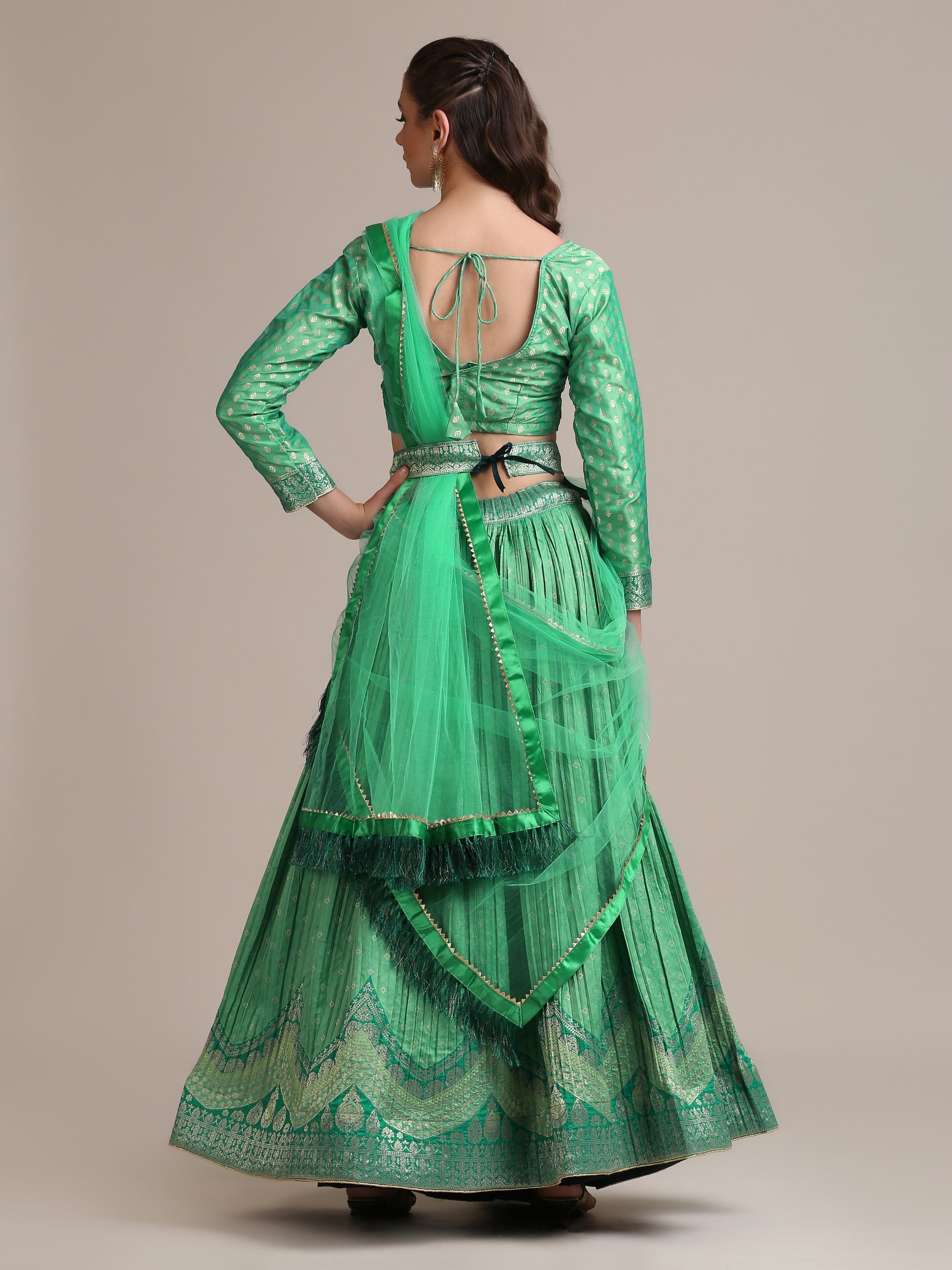 Jyoti Fashion Women's Sea Green Jacquard Silk Gold Woven & Platted Work Lehenga Choli with Dupatta