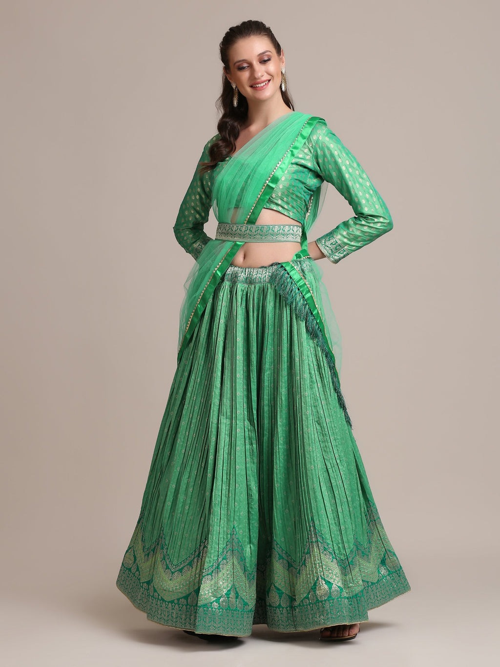 Jyoti Fashion Women's Sea Green Jacquard Silk Gold Woven & Platted Work Lehenga Choli with Dupatta