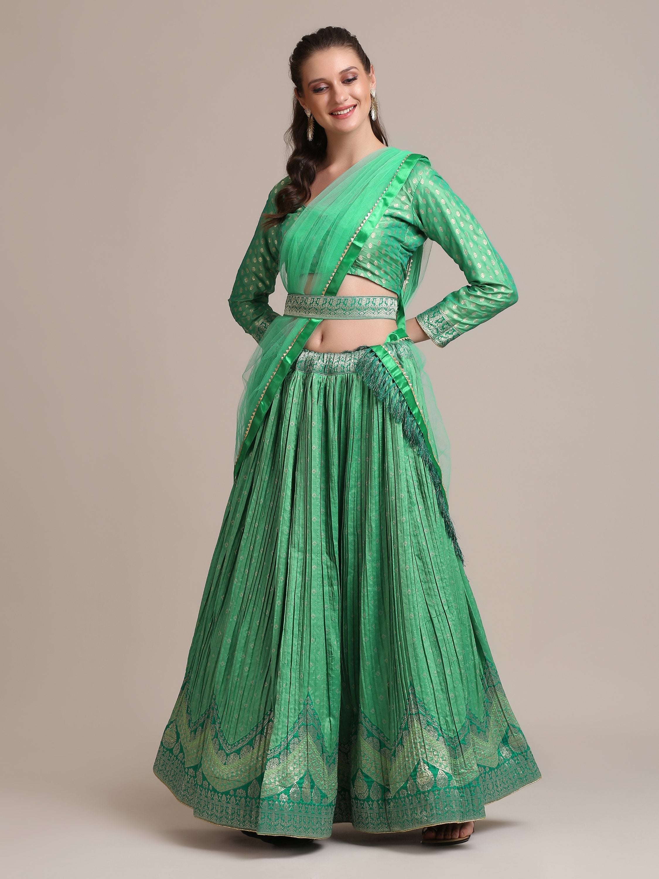 Jyoti Fashion Women's Sea Green Jacquard Silk Gold Woven & Platted Work Lehenga Choli with Dupatta