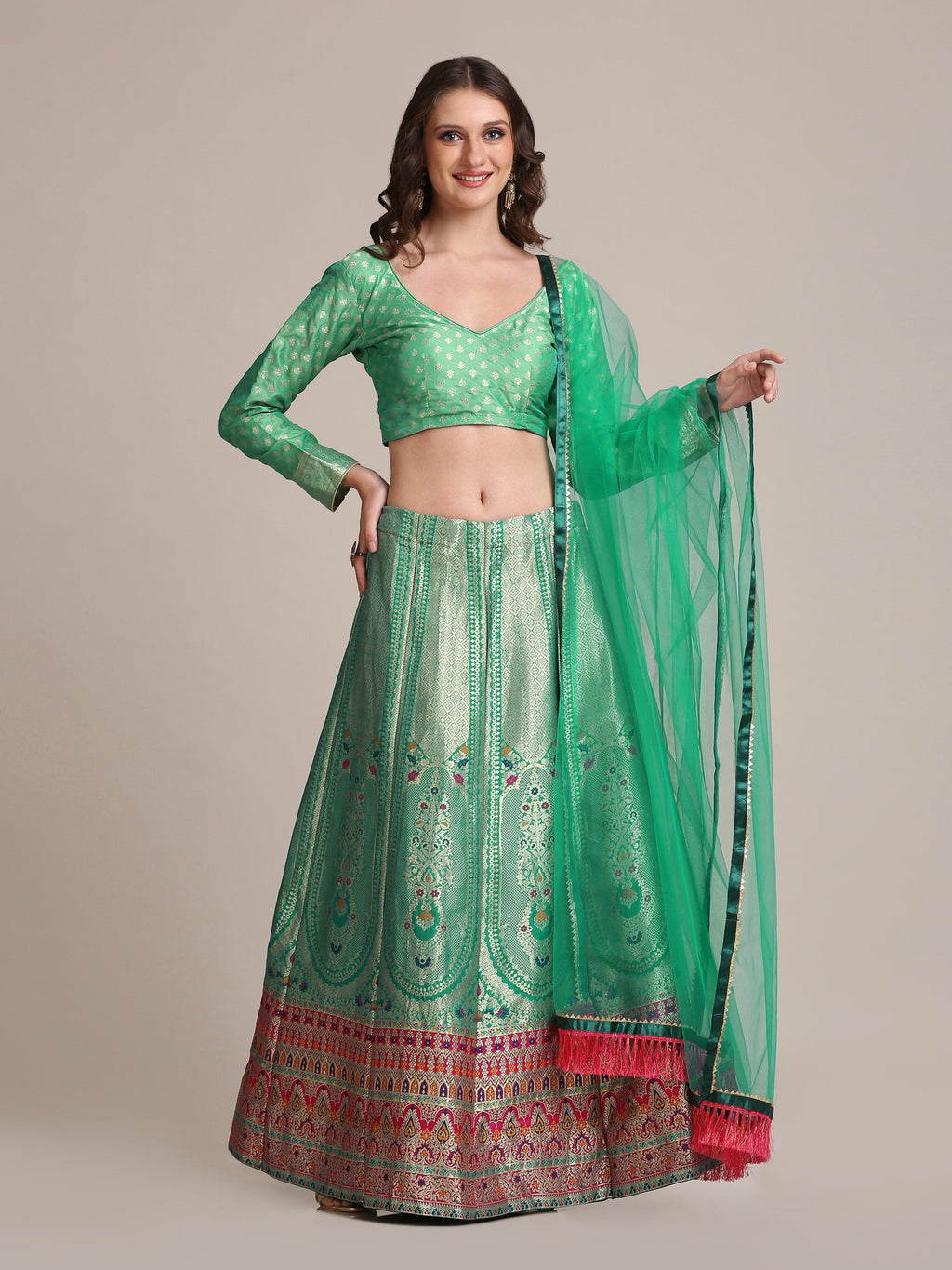 Jyoti Fashion Women's Sea Green Jacquard Silk Gold Woven Work Lehenga Choli with Dupatta