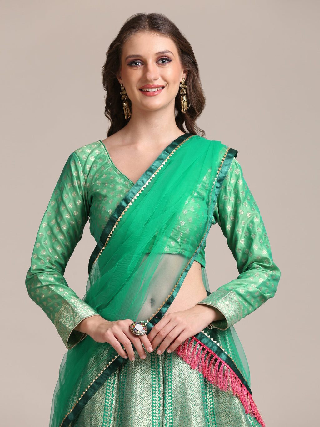 Jyoti Fashion Women's Sea Green Jacquard Silk Gold Woven Work Lehenga Choli with Dupatta