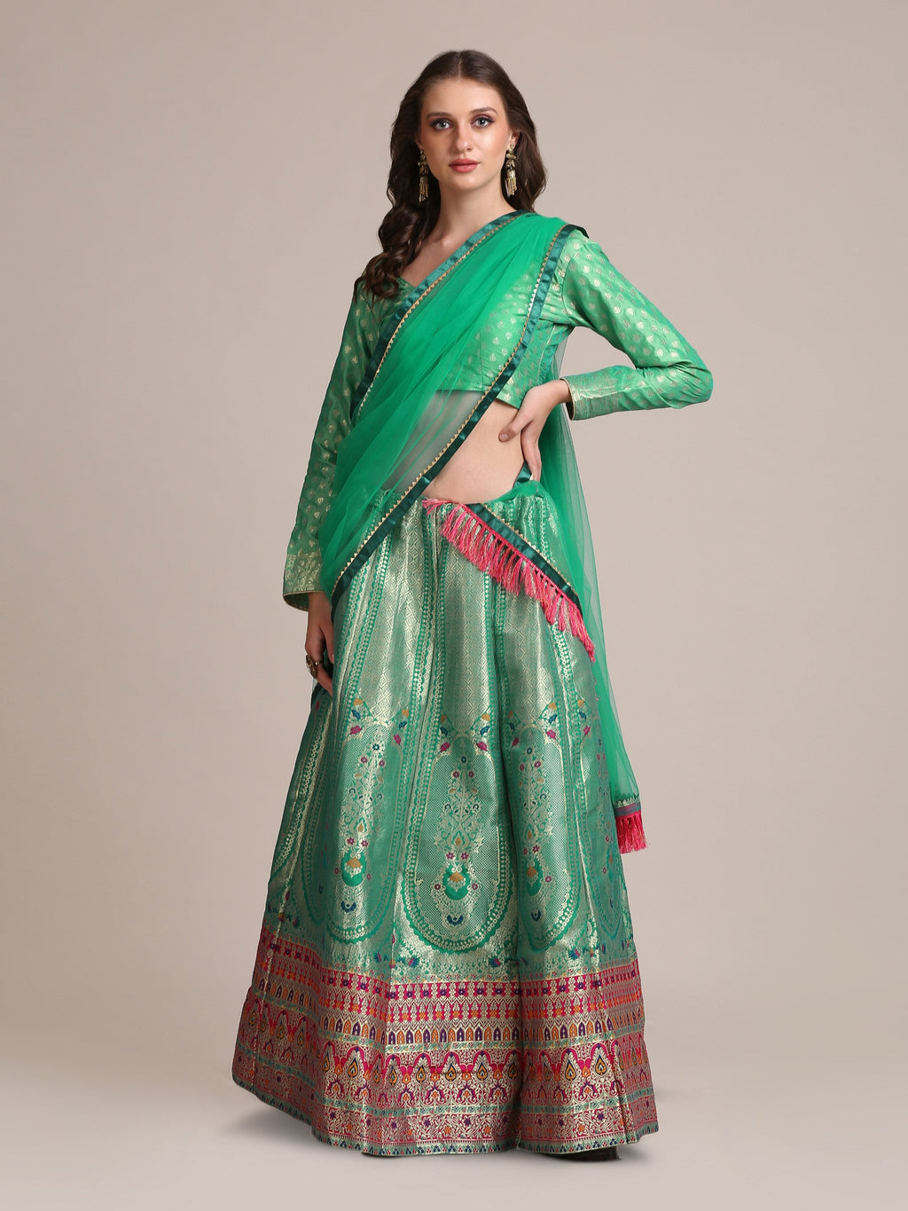 Jyoti Fashion Women's Sea Green Jacquard Silk Gold Woven Work Lehenga Choli with Dupatta