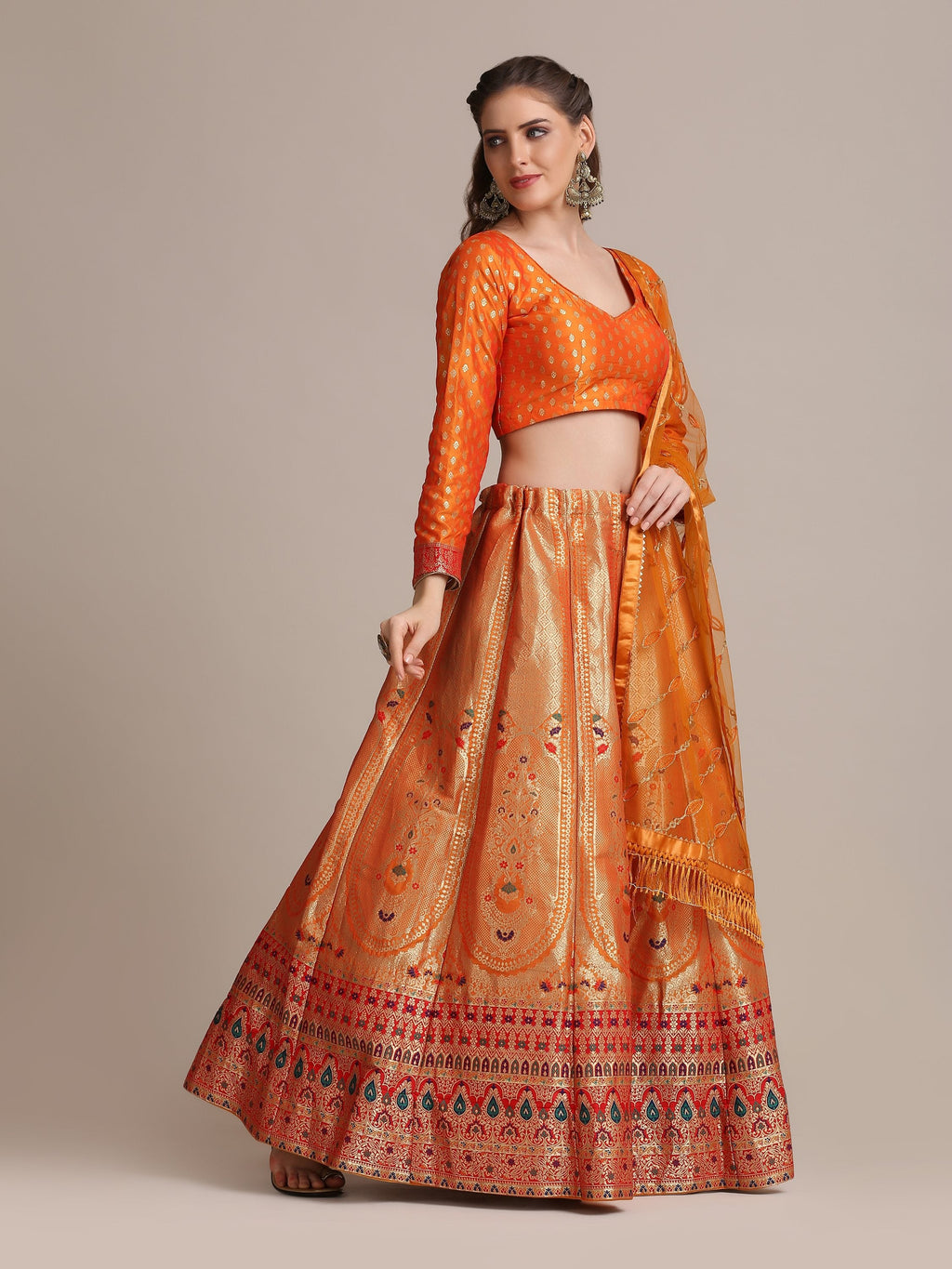 Jyoti Fashion Women's Orange Jacquard Silk Gold Woven Work Lehenga Choli with Dupatta