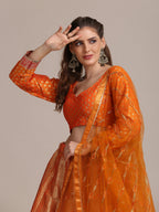 Jyoti Fashion Women's Orange Jacquard Silk Gold Woven Work Lehenga Choli with Dupatta