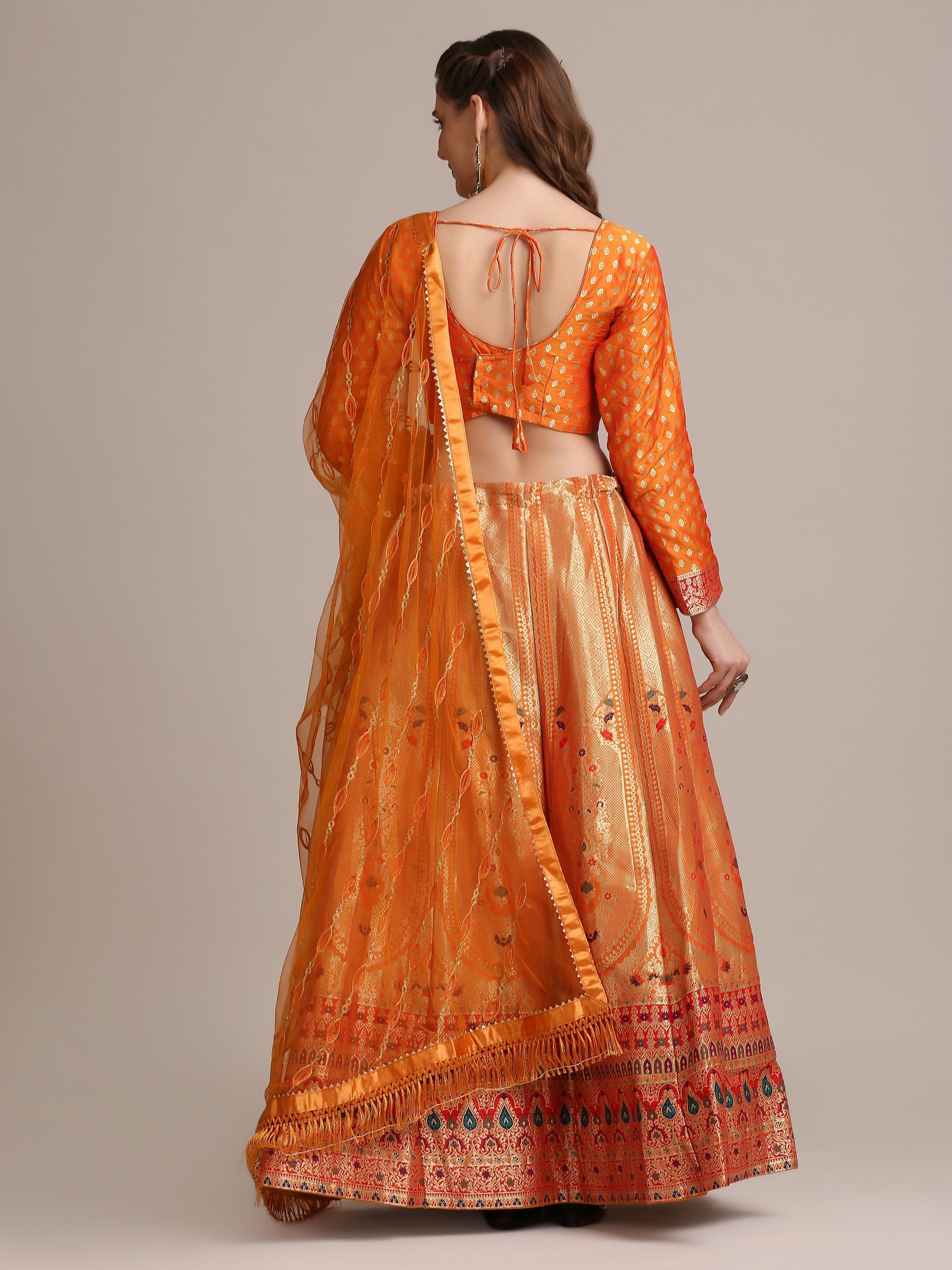 Jyoti Fashion Women's Orange Jacquard Silk Gold Woven Work Lehenga Choli with Dupatta