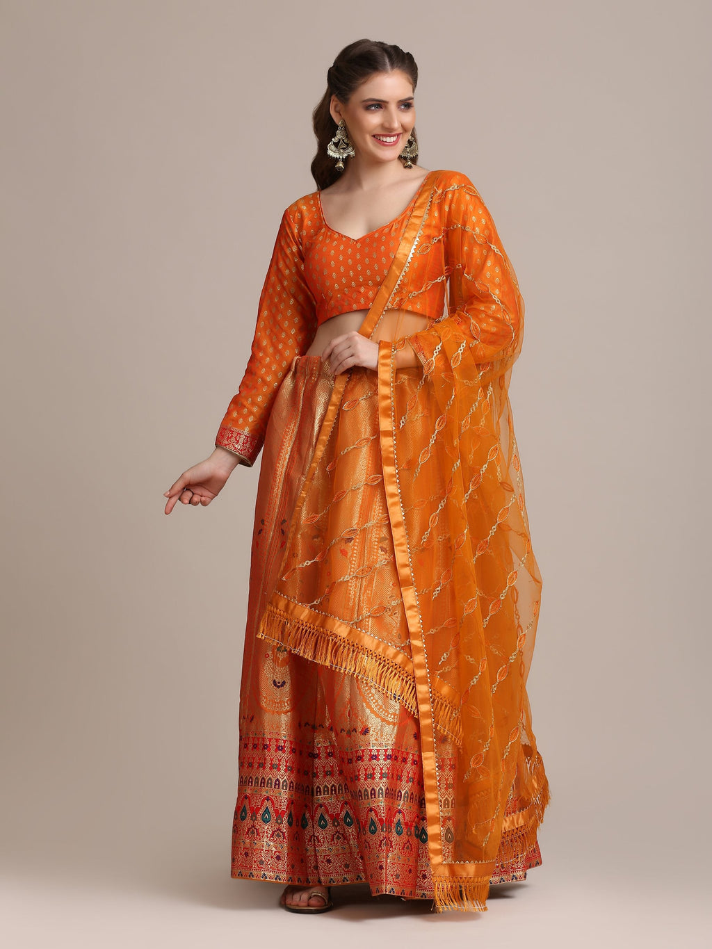 Jyoti Fashion Women's Orange Jacquard Silk Gold Woven Work Lehenga Choli with Dupatta