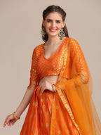Jyoti Fashion Women's Orange Jacquard Silk Gold Woven Work Lehenga Choli with Dupatta