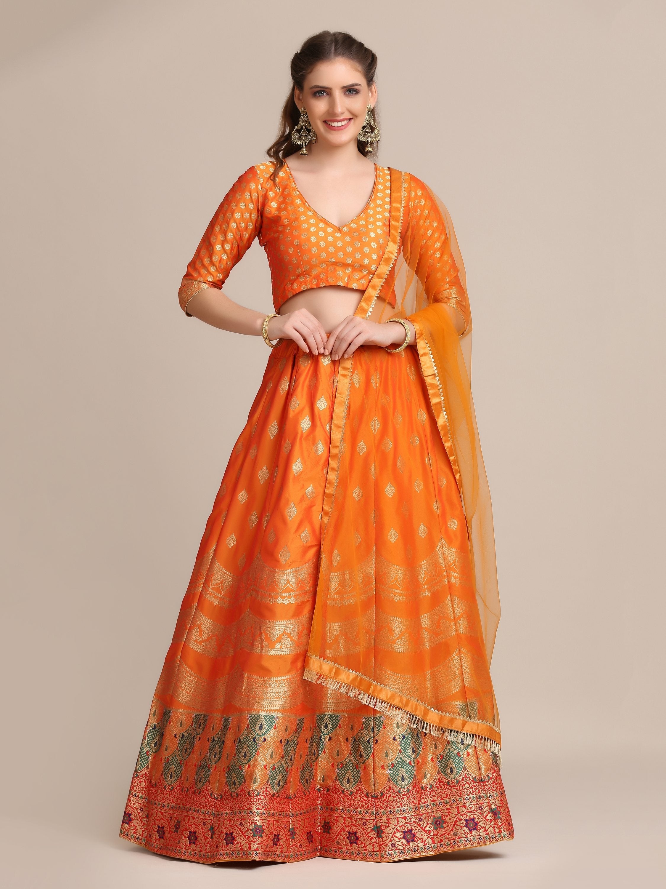 Jyoti Fashion Women's Orange Jacquard Silk Gold Woven Work Lehenga Choli with Dupatta
