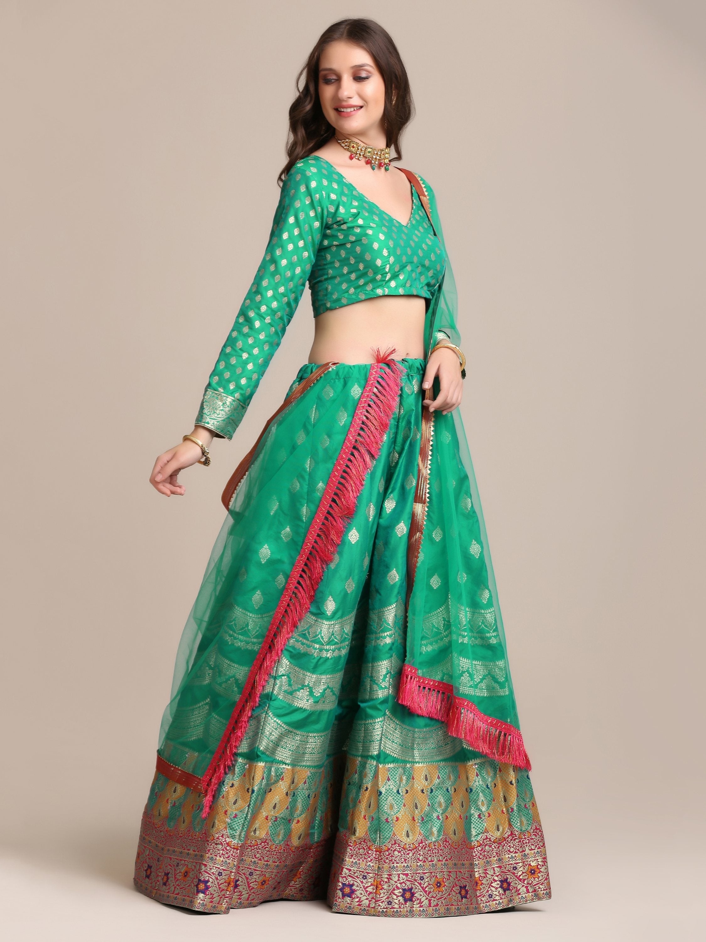 Jyoti Fashion Women's Rama Jacquard Silk Gold Woven Work Lehenga Choli with Dupatta