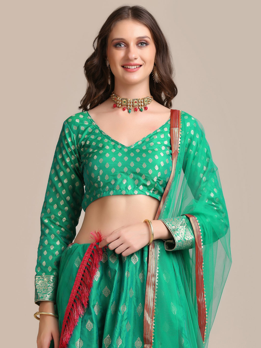 Jyoti Fashion Women's Rama Jacquard Silk Gold Woven Work Lehenga Choli with Dupatta