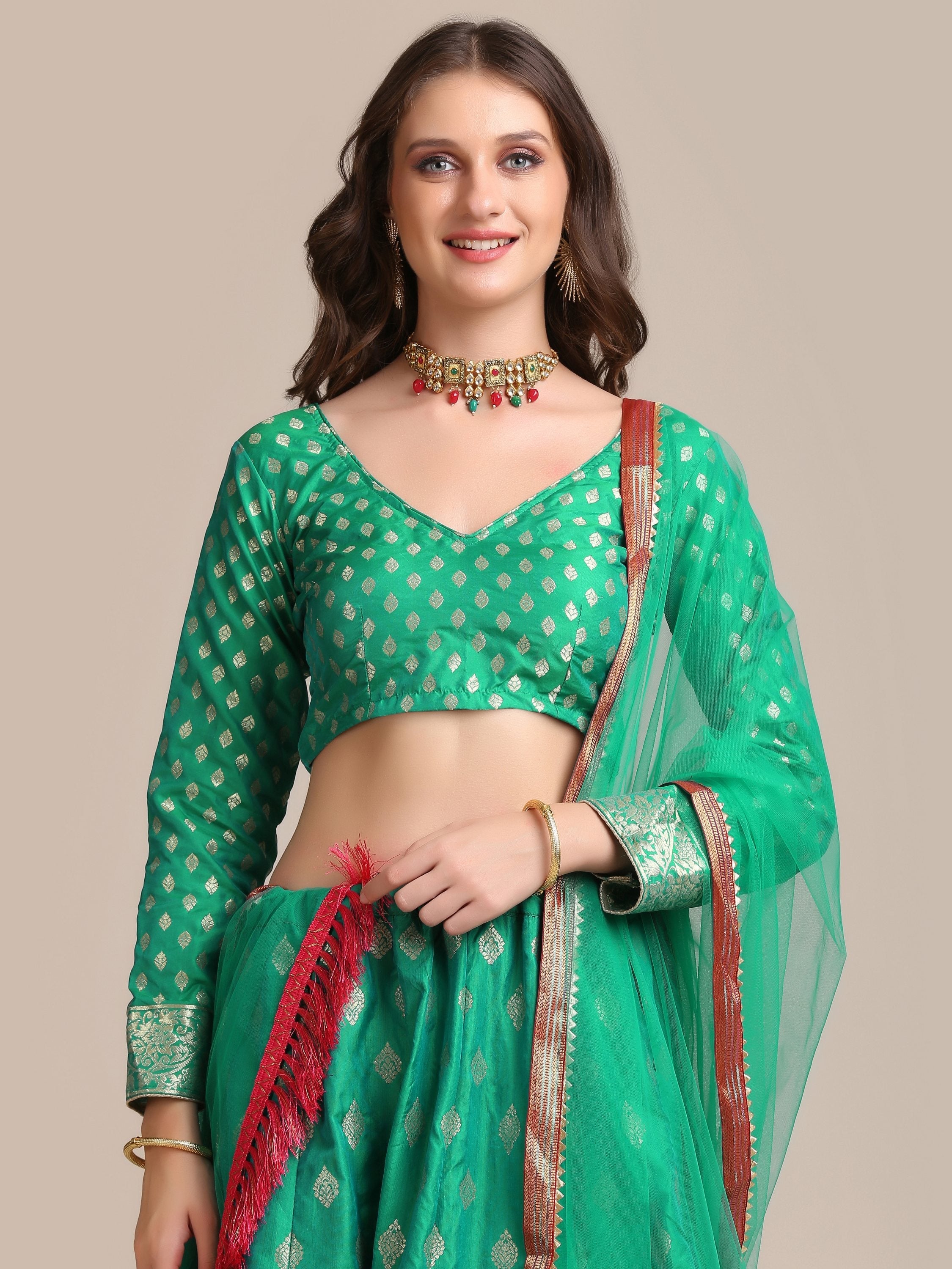 Jyoti Fashion Women's Rama Jacquard Silk Gold Woven Work Lehenga Choli with Dupatta
