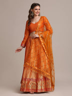 Jyoti Fashion Women's Orange Jacquard Silk Gold Woven Work Lehenga Choli with Dupatta