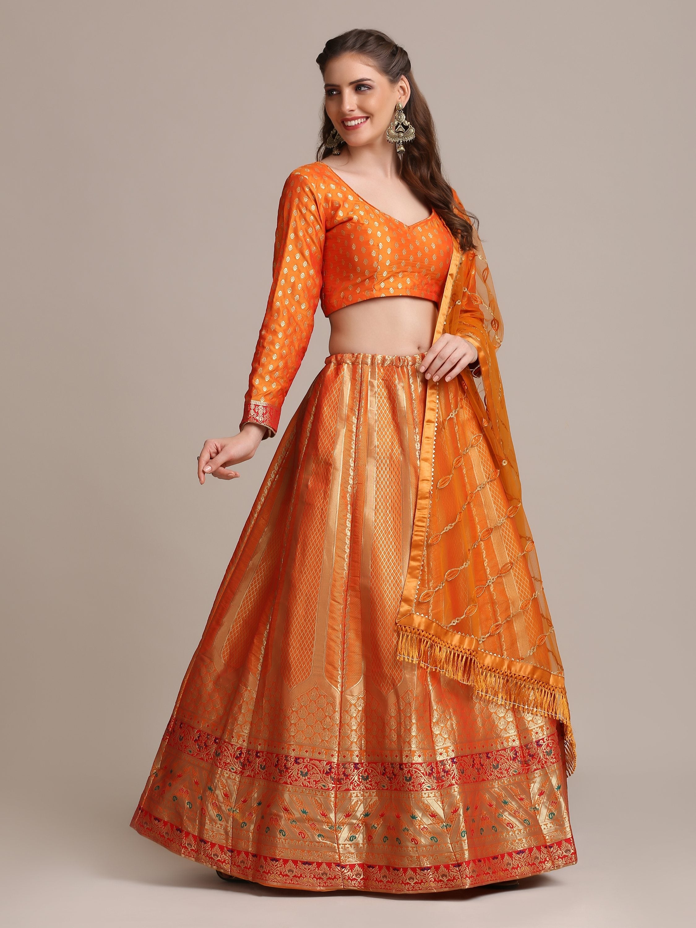 Jyoti Fashion Women's Orange Jacquard Silk Gold Woven Work Lehenga Choli with Dupatta