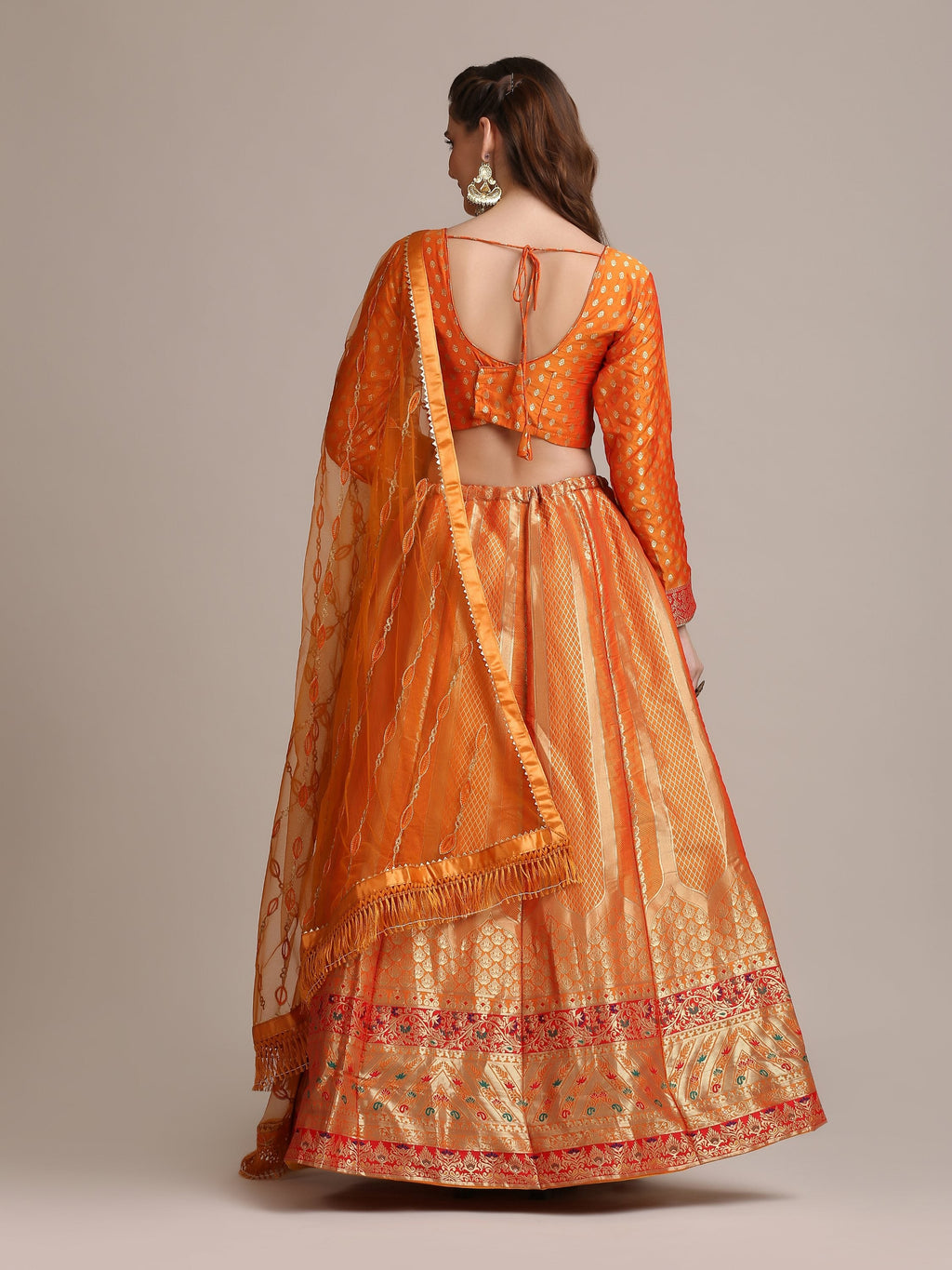 Jyoti Fashion Women's Orange Jacquard Silk Gold Woven Work Lehenga Choli with Dupatta