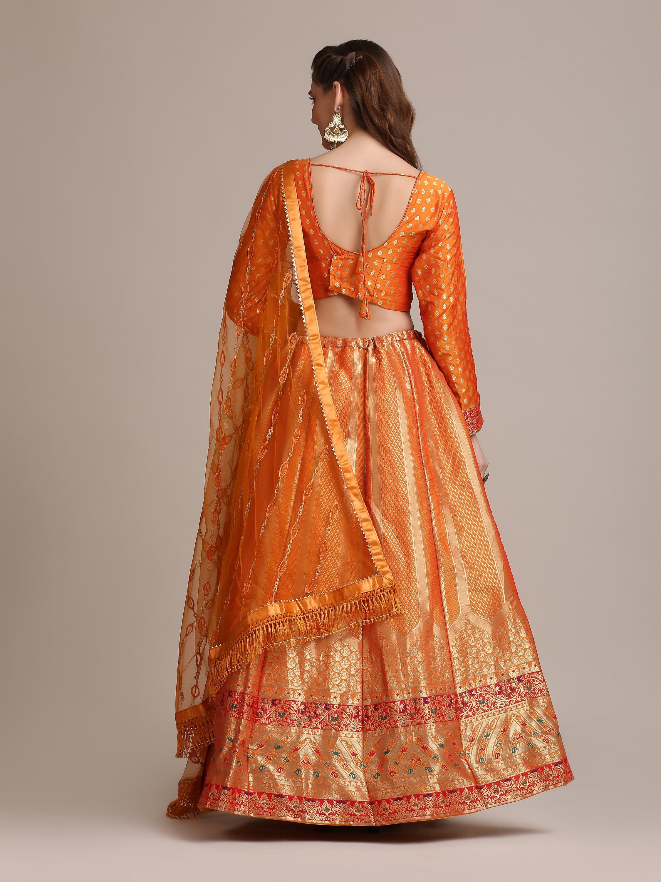 Jyoti Fashion Women's Orange Jacquard Silk Gold Woven Work Lehenga Choli with Dupatta