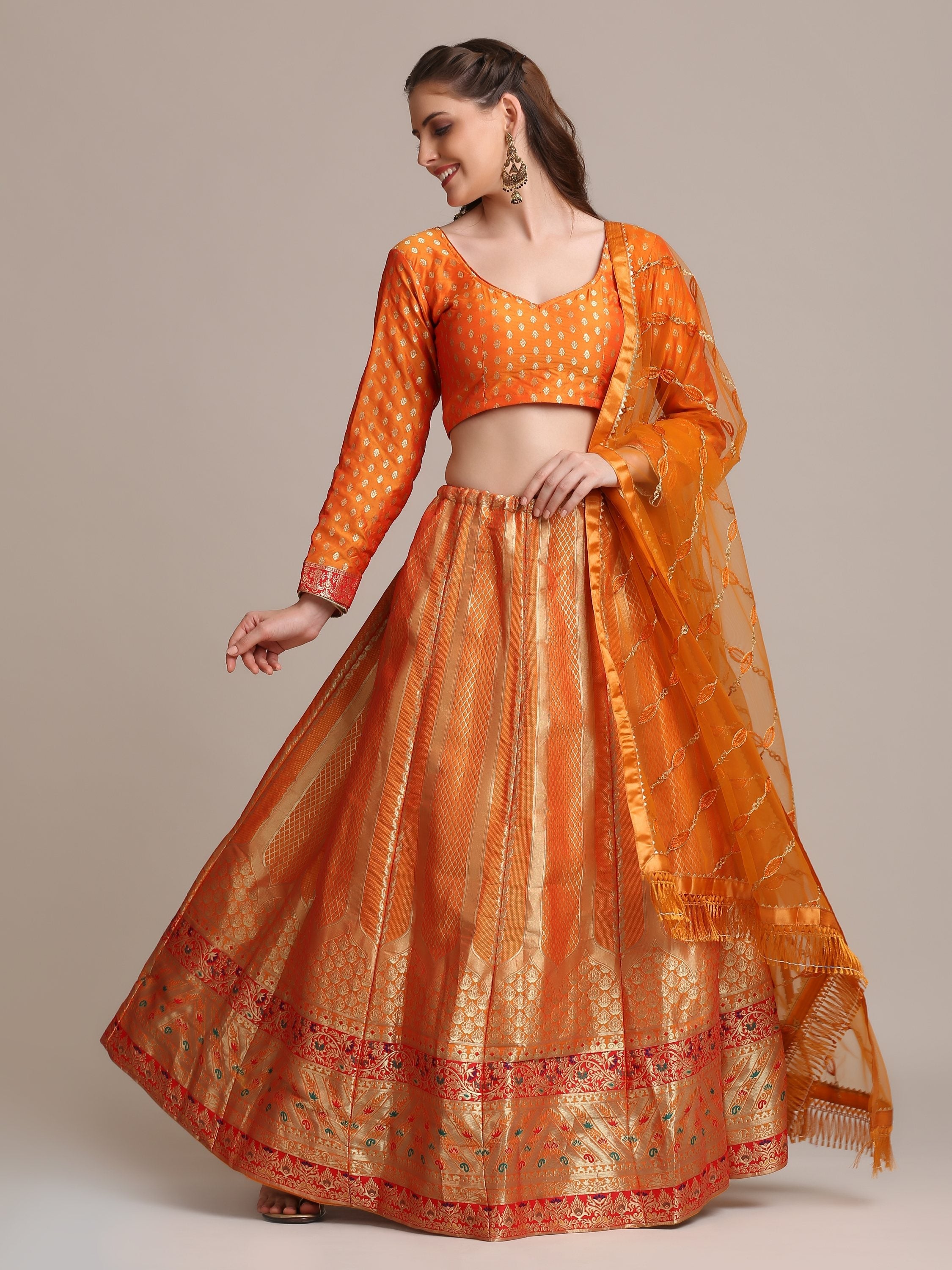 Jyoti Fashion Women's Orange Jacquard Silk Gold Woven Work Lehenga Choli with Dupatta