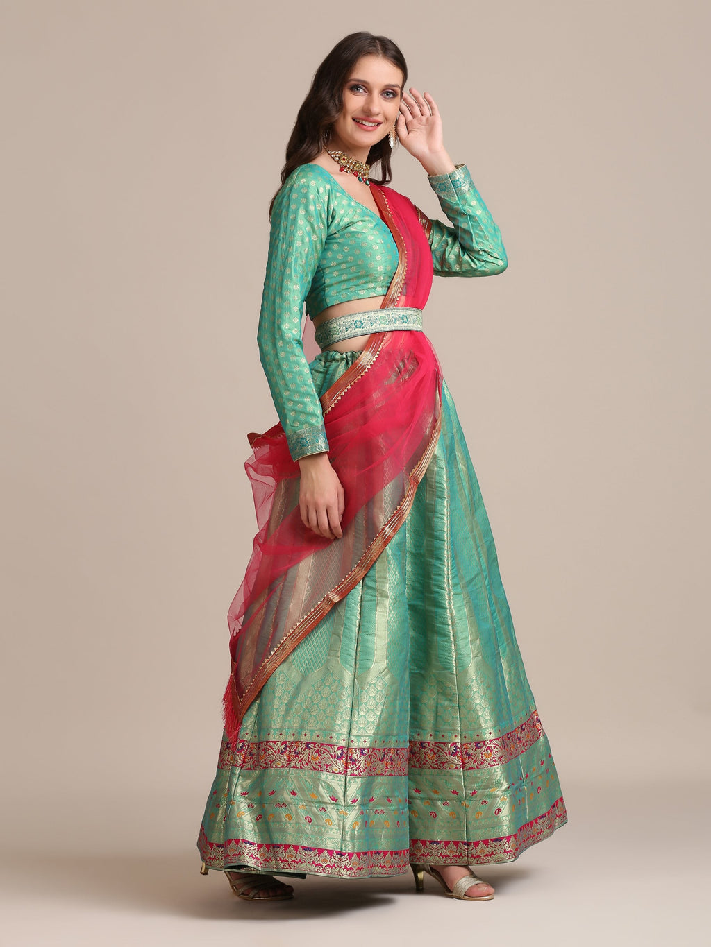 Jyoti Fashion Women's Sea Green Jacquard Silk Gold Woven Work Lehenga Choli with Dupatta