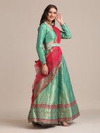 Jyoti Fashion Women's Sea Green Jacquard Silk Gold Woven Work Lehenga Choli with Dupatta