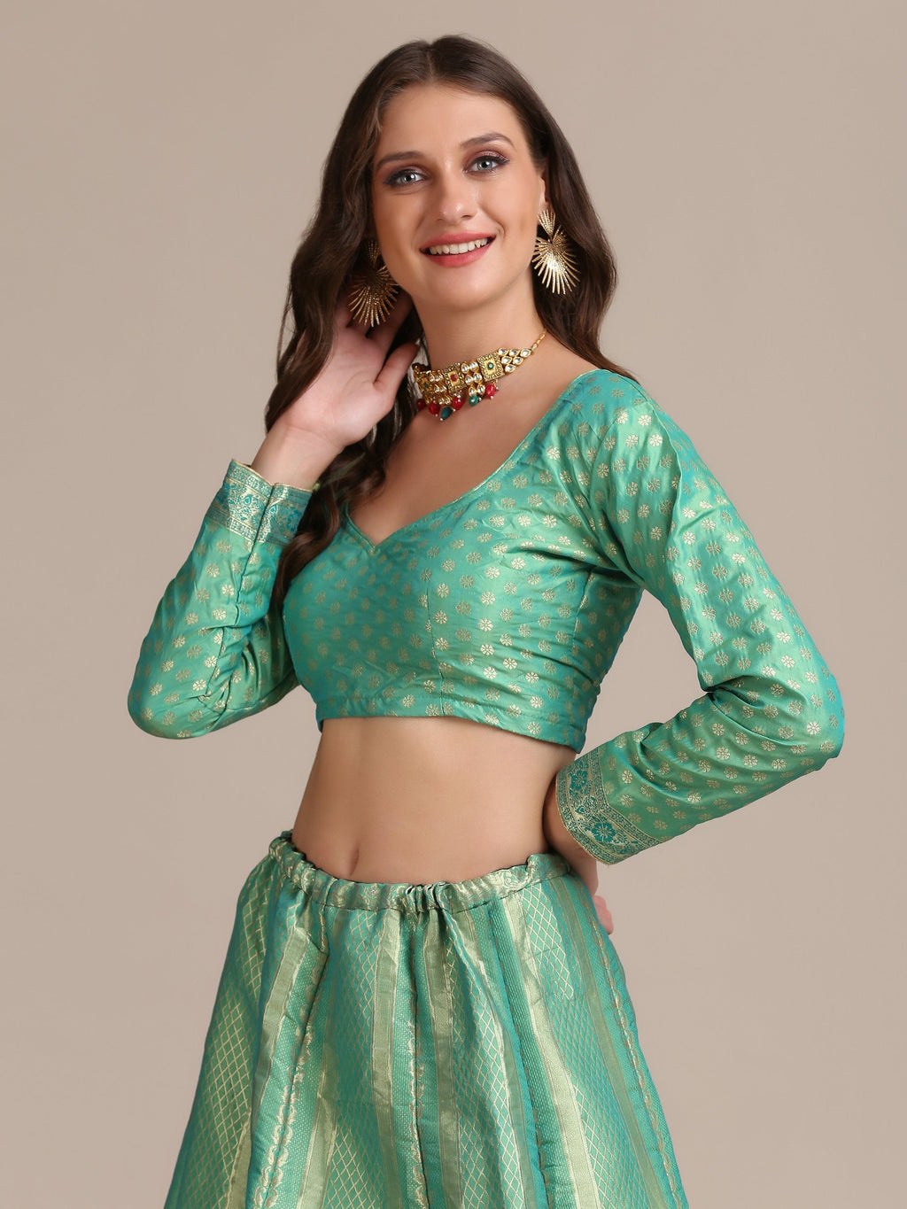 Jyoti Fashion Women's Sea Green Jacquard Silk Gold Woven Work Lehenga Choli with Dupatta