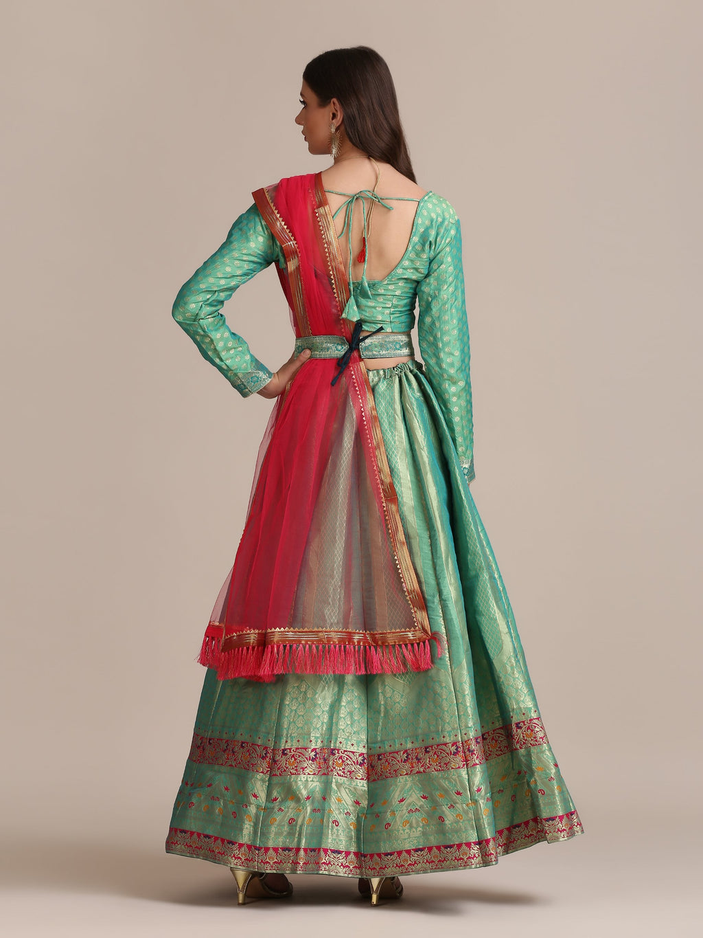 Jyoti Fashion Women's Sea Green Jacquard Silk Gold Woven Work Lehenga Choli with Dupatta