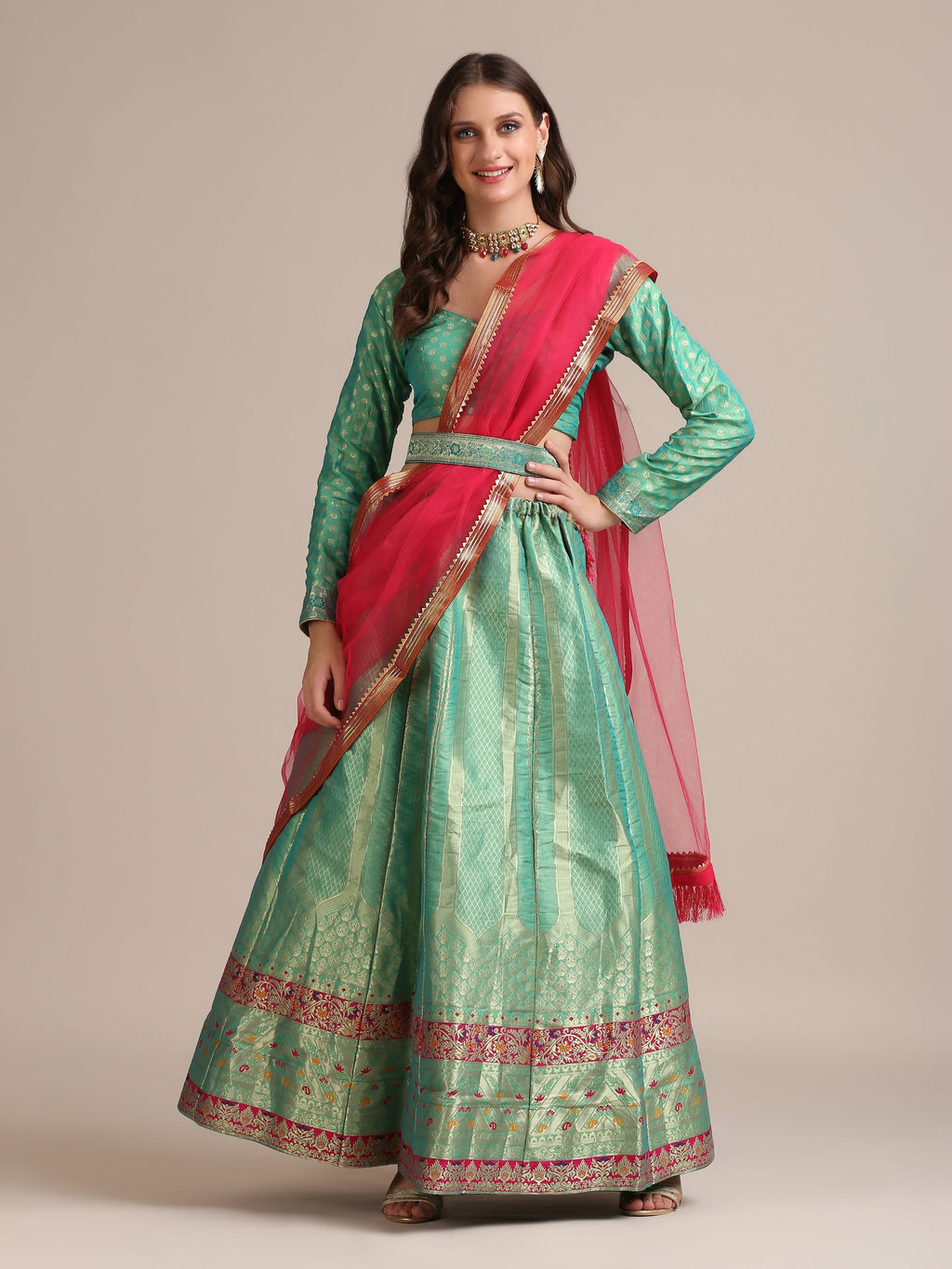 Jyoti Fashion Women's Sea Green Jacquard Silk Gold Woven Work Lehenga Choli with Dupatta