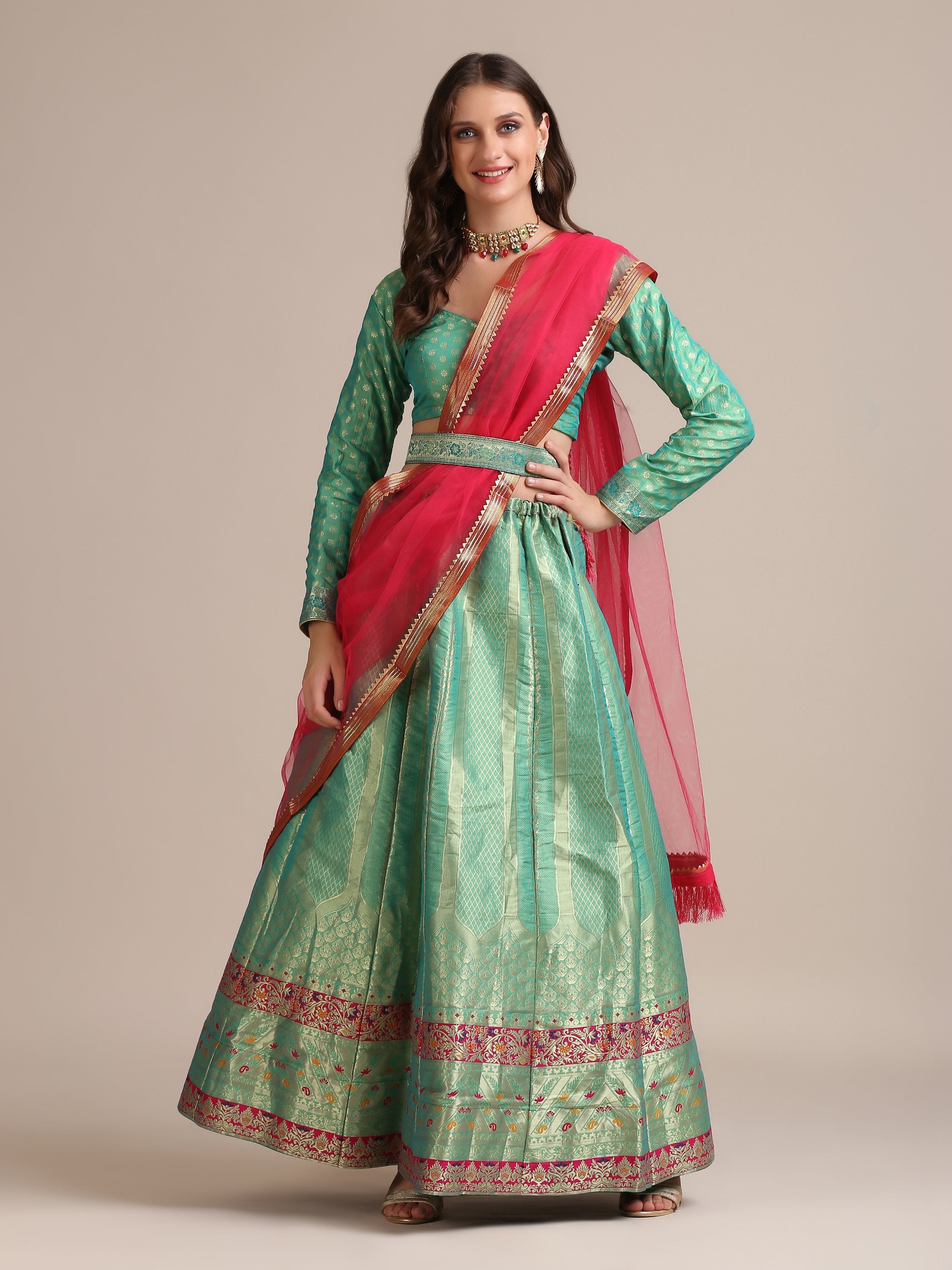 Jyoti Fashion Women's Sea Green Jacquard Silk Gold Woven Work Lehenga Choli with Dupatta