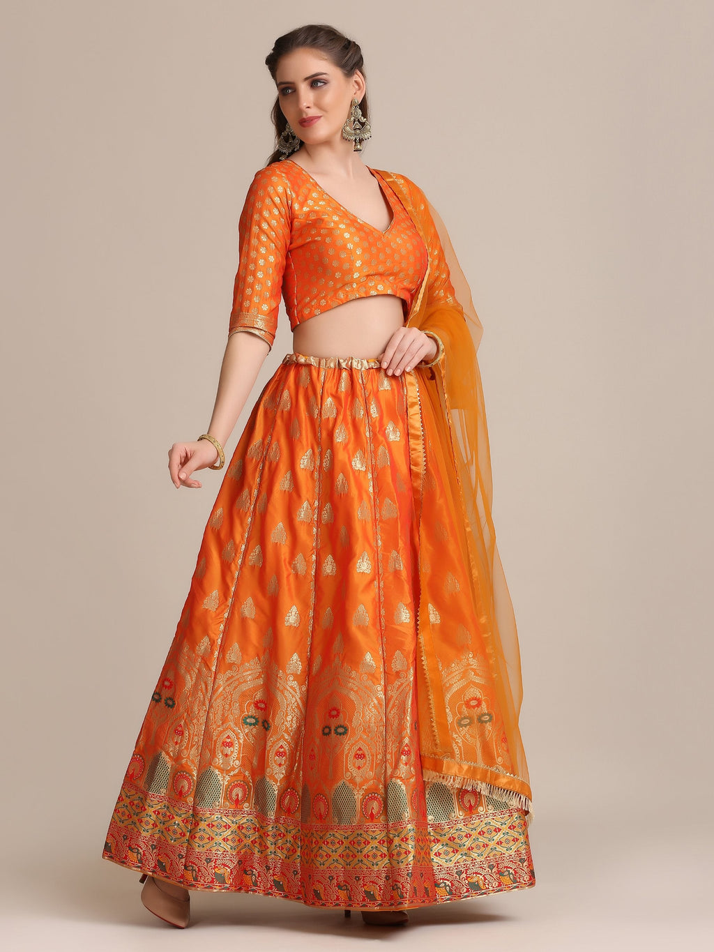 Jyoti Fashion Women's Orange Jacquard Silk Gold Woven Work Lehenga Choli with Dupatta