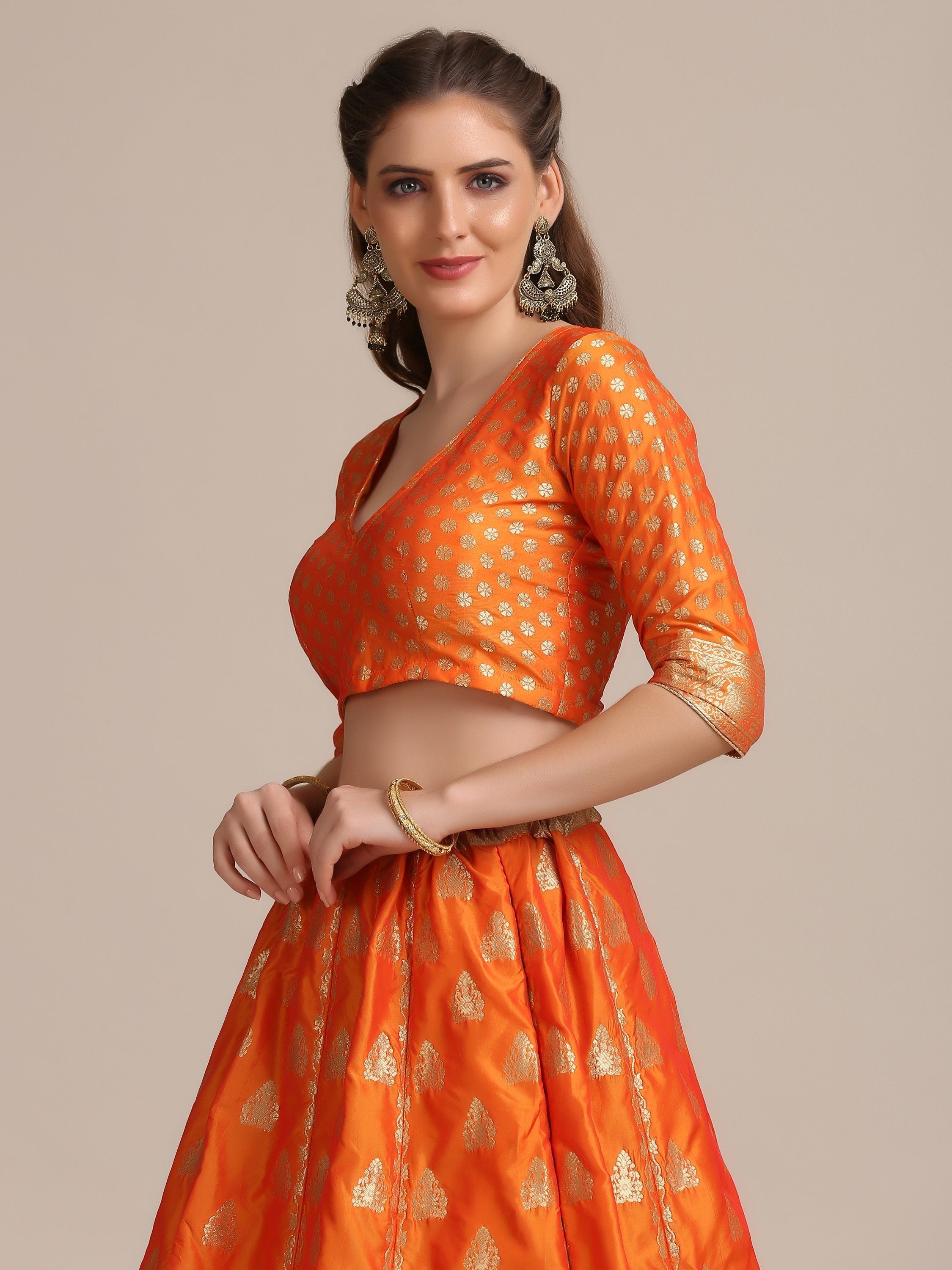 Jyoti Fashion Women's Orange Jacquard Silk Gold Woven Work Lehenga Choli with Dupatta