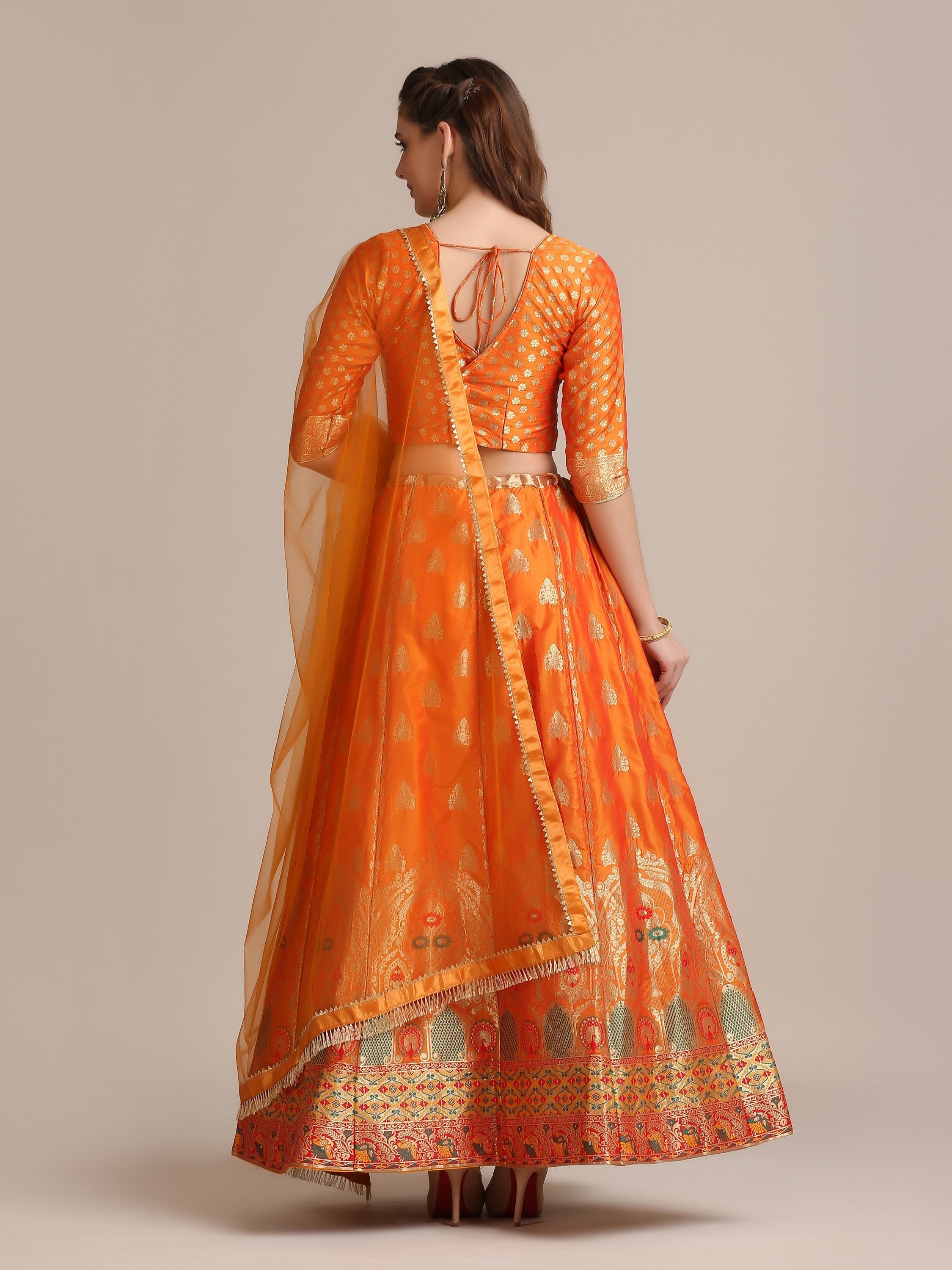 Jyoti Fashion Women's Orange Jacquard Silk Gold Woven Work Lehenga Choli with Dupatta