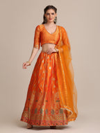 Jyoti Fashion Women's Orange Jacquard Silk Gold Woven Work Lehenga Choli with Dupatta